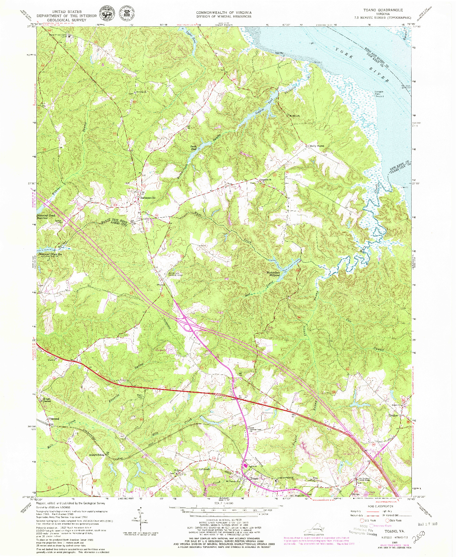 USGS 1:24000-SCALE QUADRANGLE FOR TOANO, VA 1965