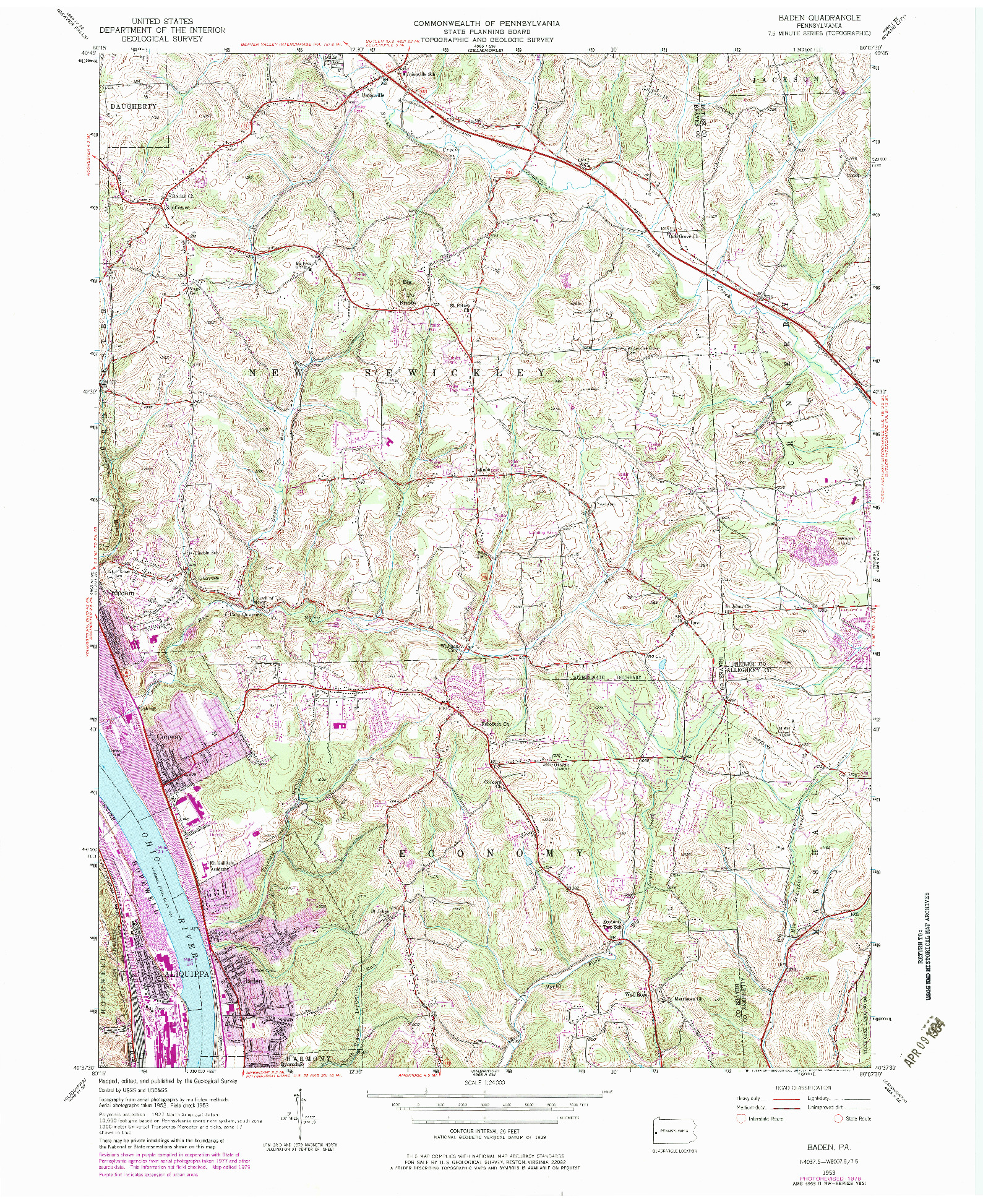 USGS 1:24000-SCALE QUADRANGLE FOR BADEN, PA 1953