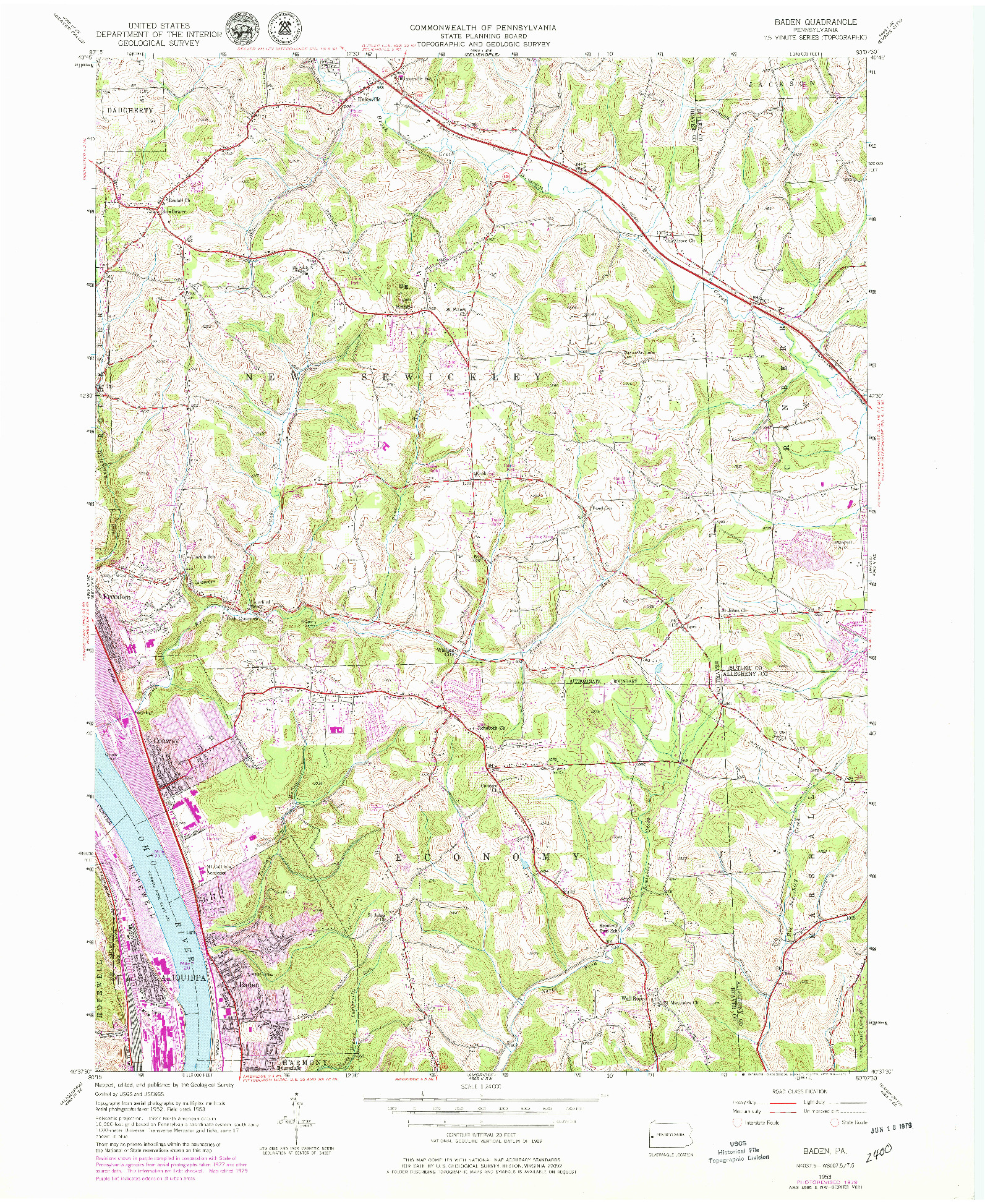 USGS 1:24000-SCALE QUADRANGLE FOR BADEN, PA 1953