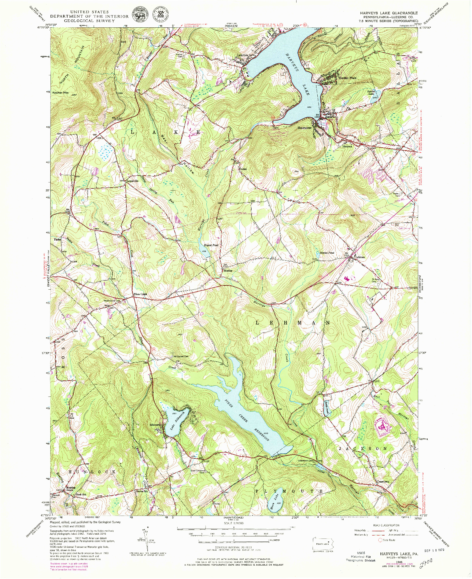 USGS 1:24000-SCALE QUADRANGLE FOR HARVEYS LAKE, PA 1946