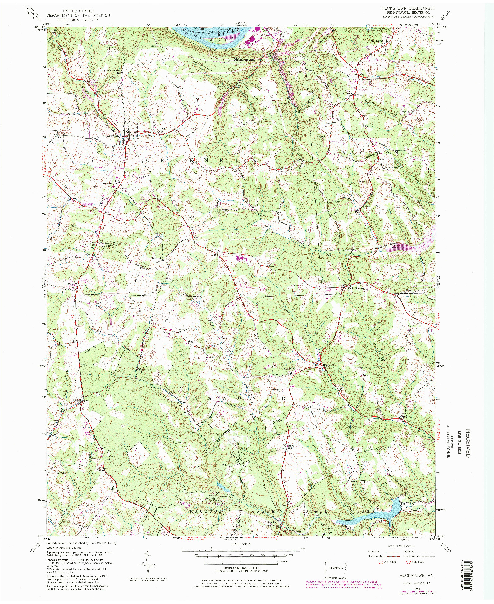 USGS 1:24000-SCALE QUADRANGLE FOR HOOKSTOWN, PA 1954