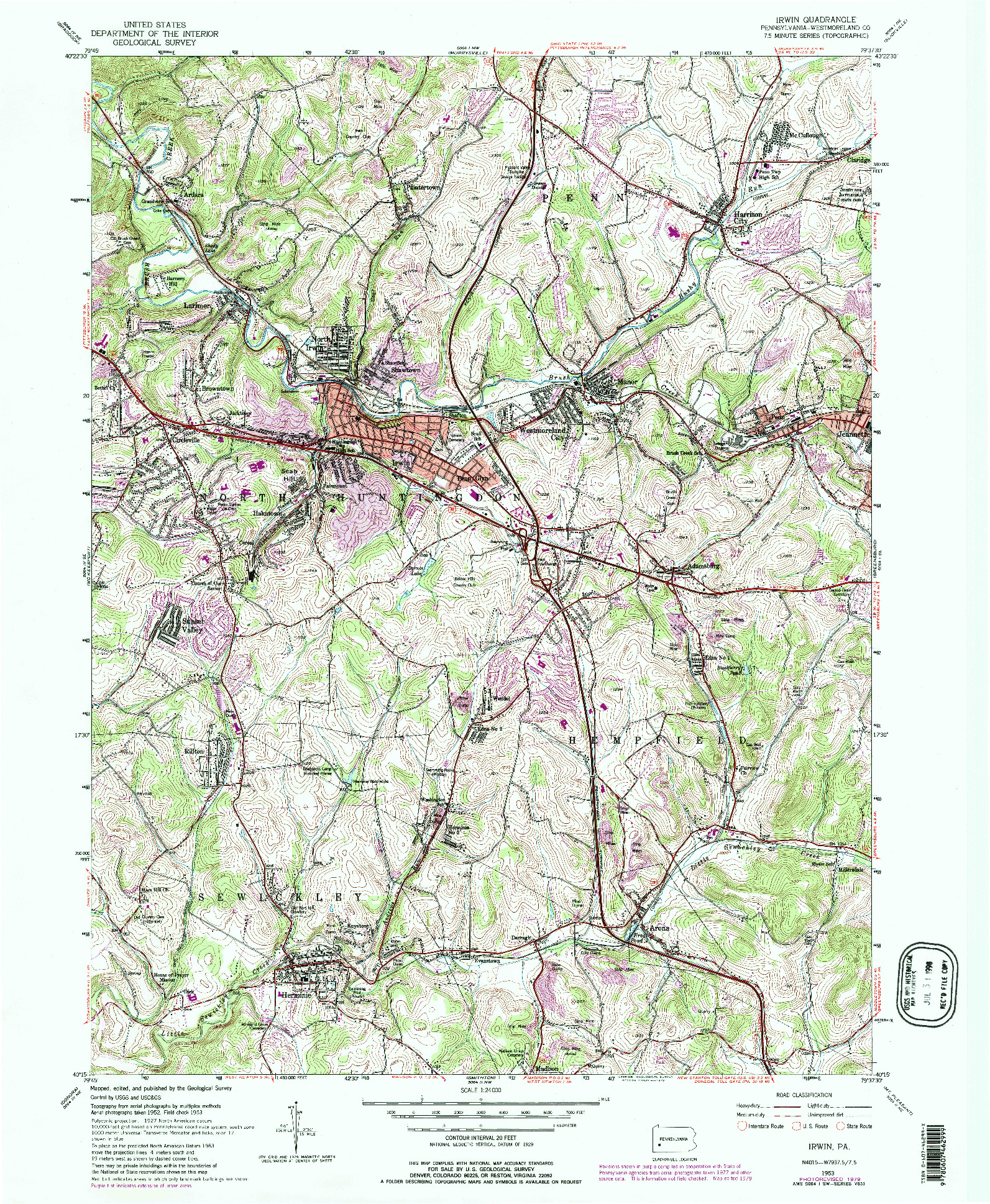 USGS 1:24000-SCALE QUADRANGLE FOR IRWIN, PA 1953