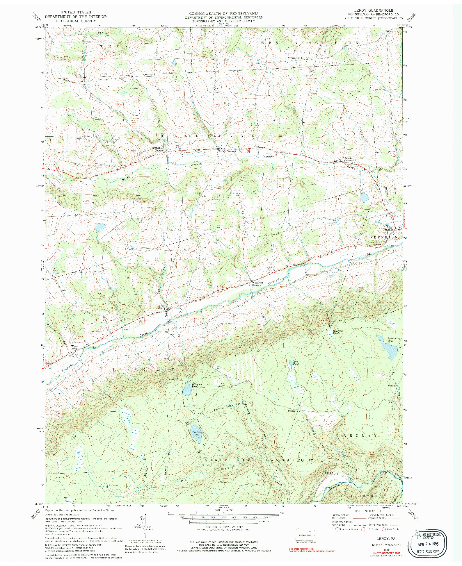 USGS 1:24000-SCALE QUADRANGLE FOR LEROY, PA 1969