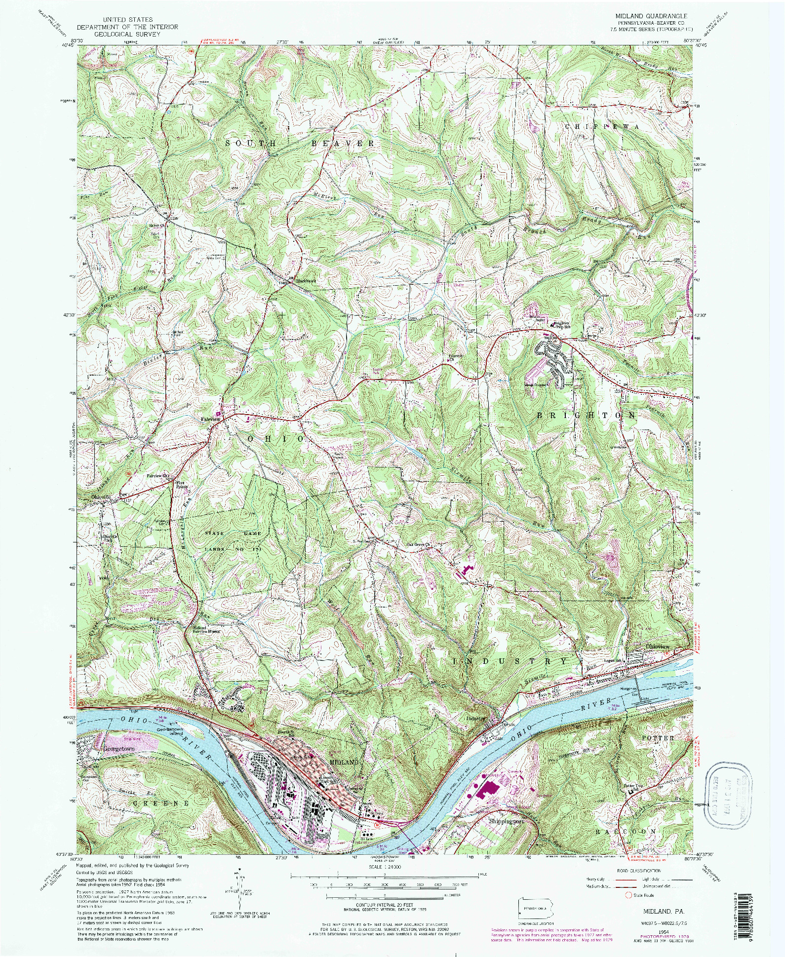 USGS 1:24000-SCALE QUADRANGLE FOR MIDLAND, PA 1954