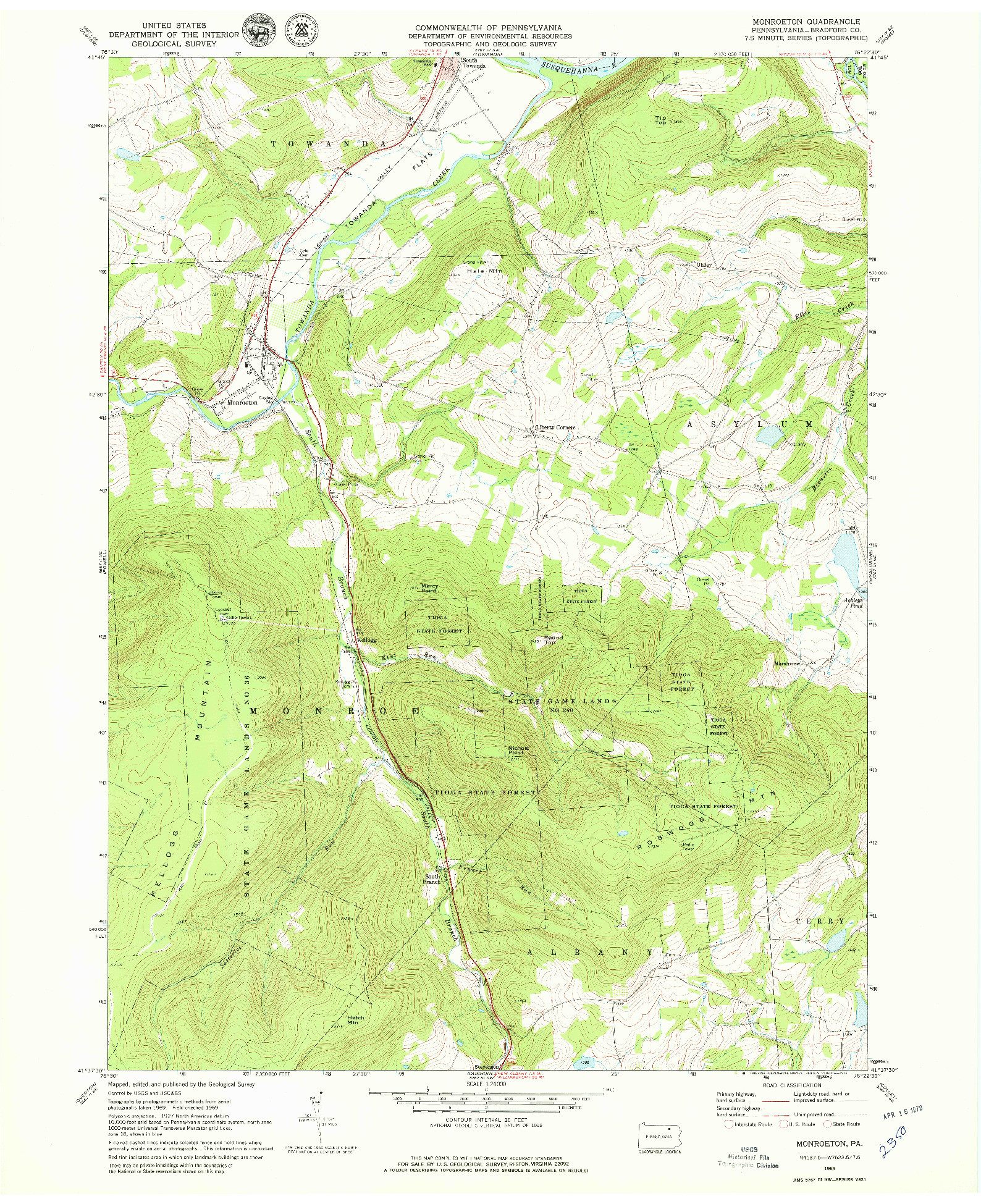 USGS 1:24000-SCALE QUADRANGLE FOR MONROETON, PA 1969