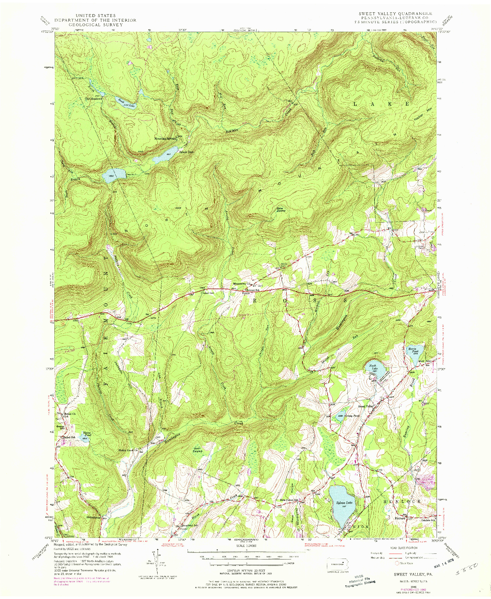 USGS 1:24000-SCALE QUADRANGLE FOR SWEET VALLEY, PA 1946