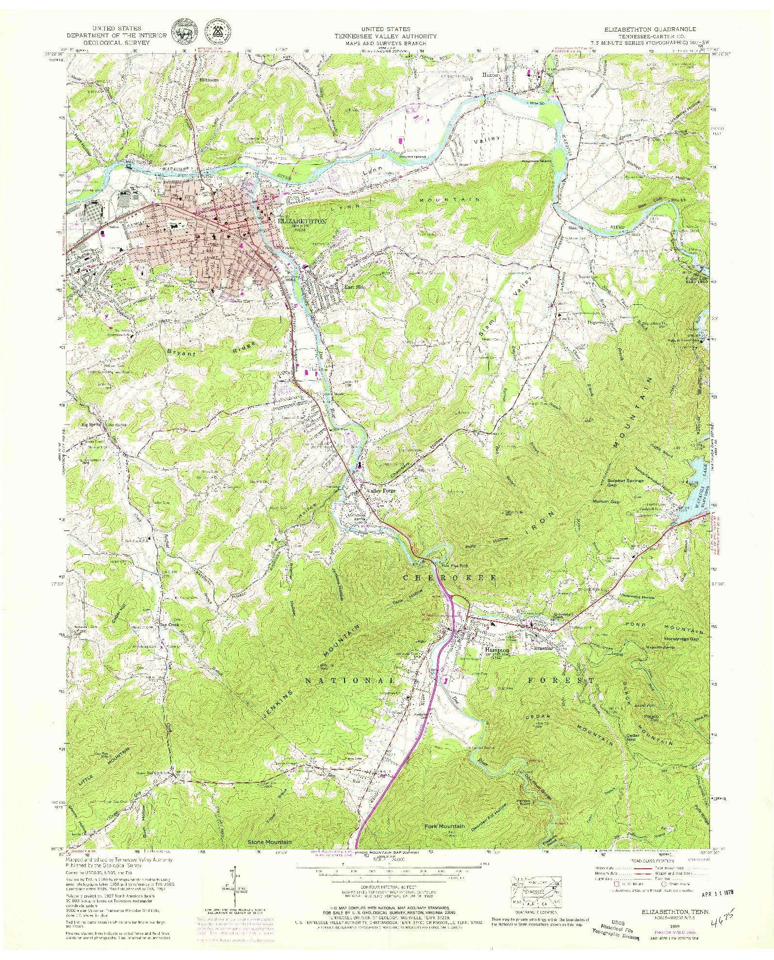 USGS 1:24000-SCALE QUADRANGLE FOR ELIZABETHTON, TN 1959