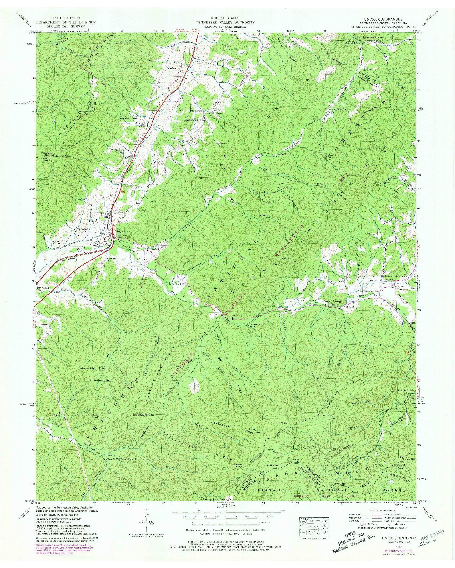 USGS 1:24000-SCALE QUADRANGLE FOR UNICOI, TN 1939