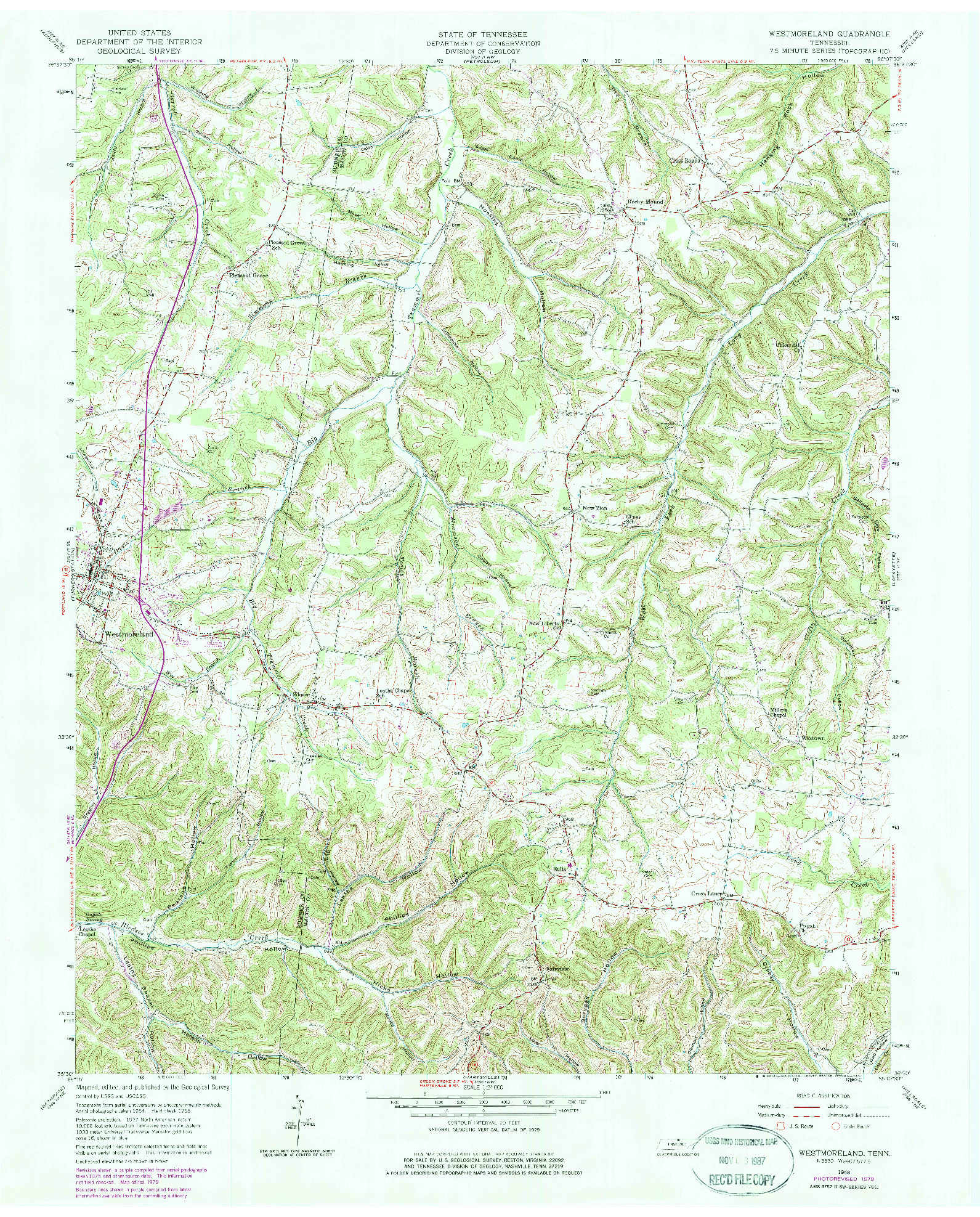 USGS 1:24000-SCALE QUADRANGLE FOR WESTMORELAND, TN 1958