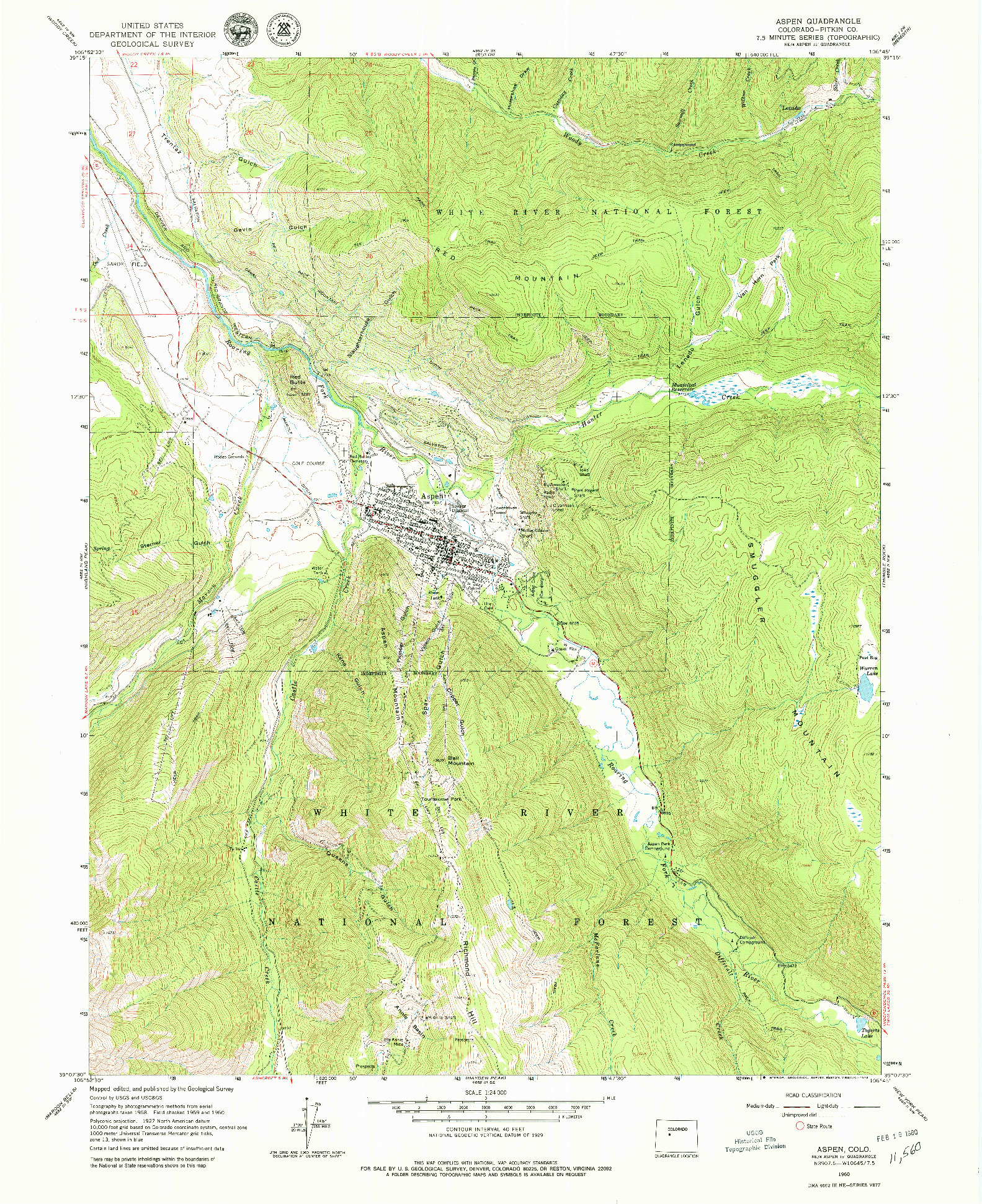 USGS 1:24000-SCALE QUADRANGLE FOR ASPEN, CO 1960