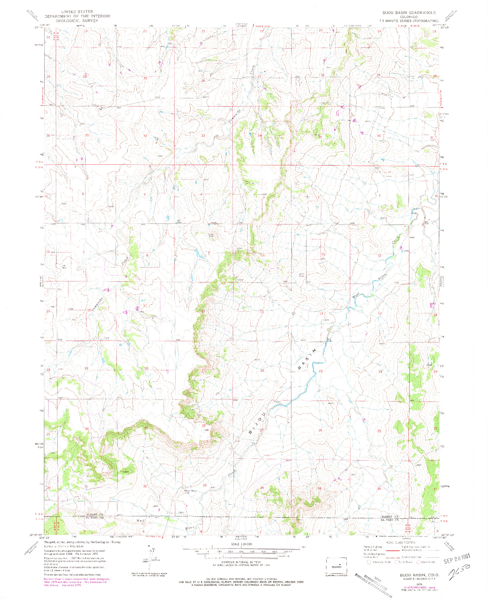 USGS 1:24000-SCALE QUADRANGLE FOR BIJOU BASIN, CO 1970