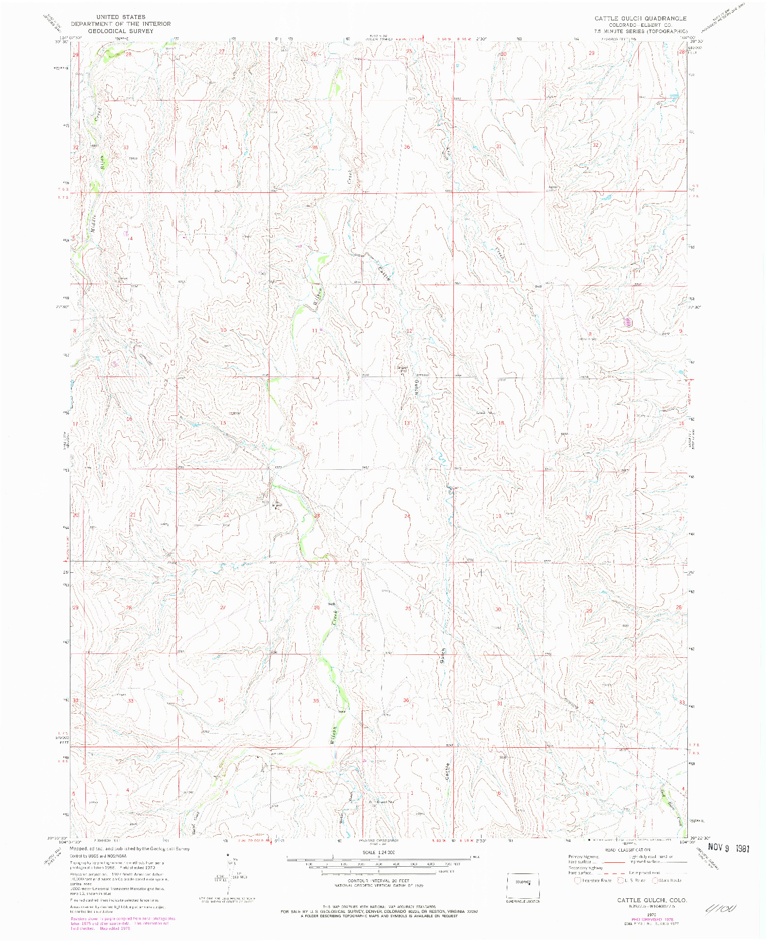 USGS 1:24000-SCALE QUADRANGLE FOR CATTLE GULCH, CO 1970