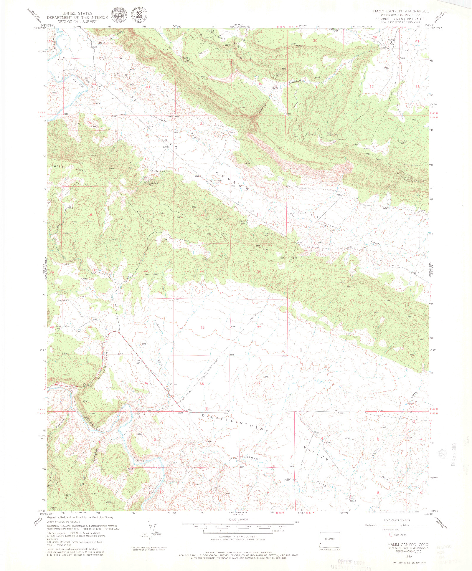 USGS 1:24000-SCALE QUADRANGLE FOR HAMM CANYON, CO 1960