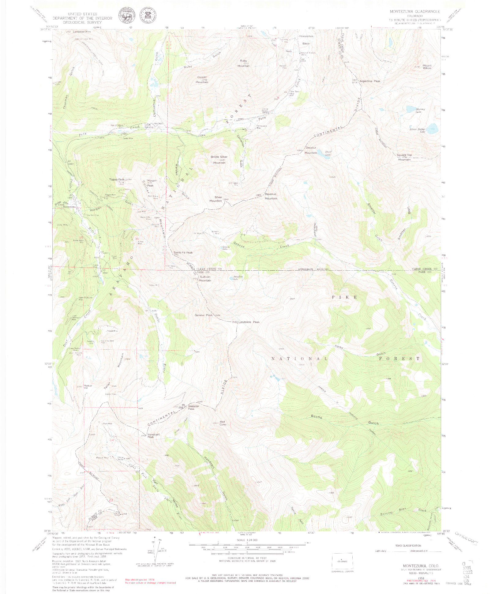 USGS 1:24000-SCALE QUADRANGLE FOR MONTEZUMA, CO 1958