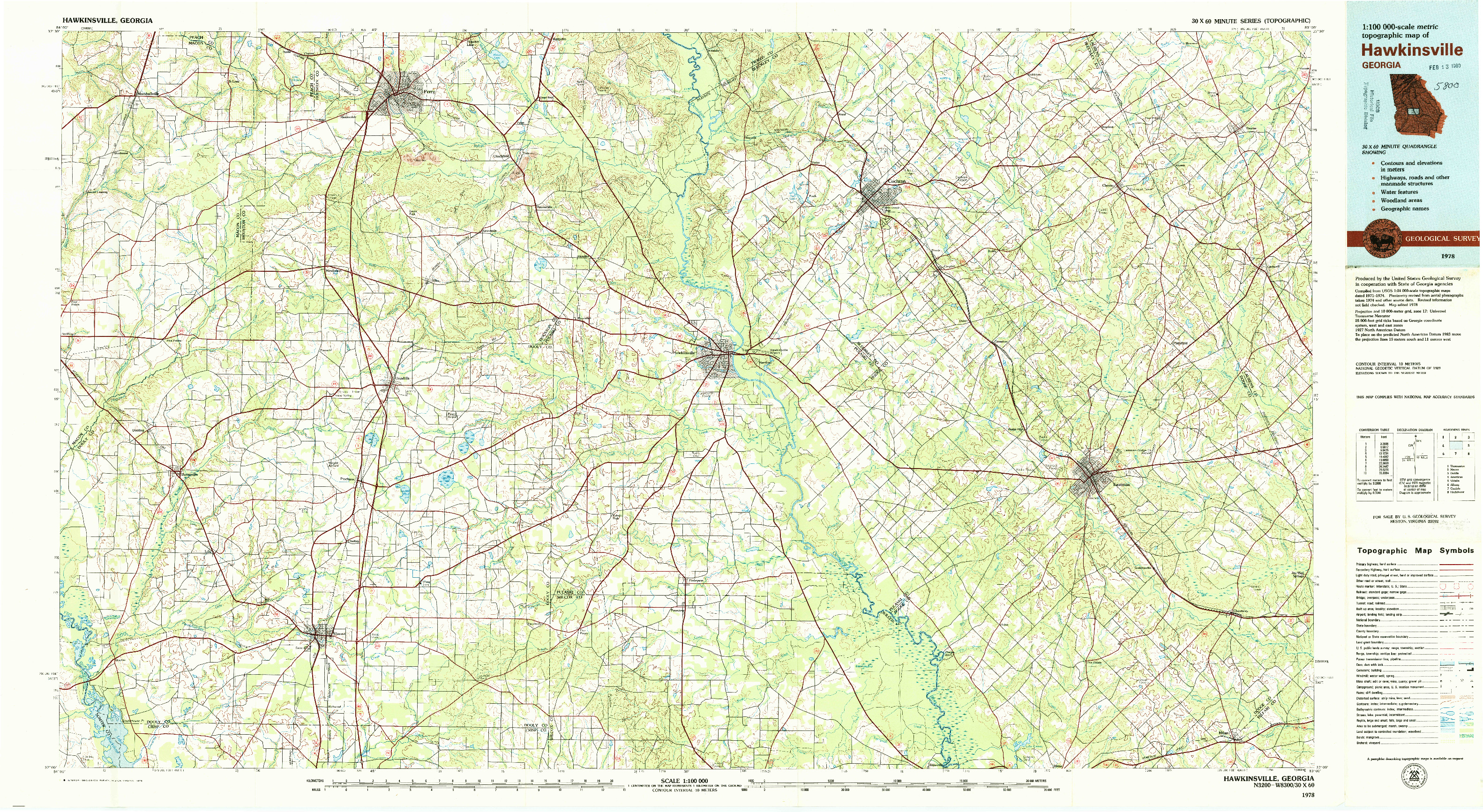 USGS 1:100000-SCALE QUADRANGLE FOR HAWKINSVILLE, GA 1978