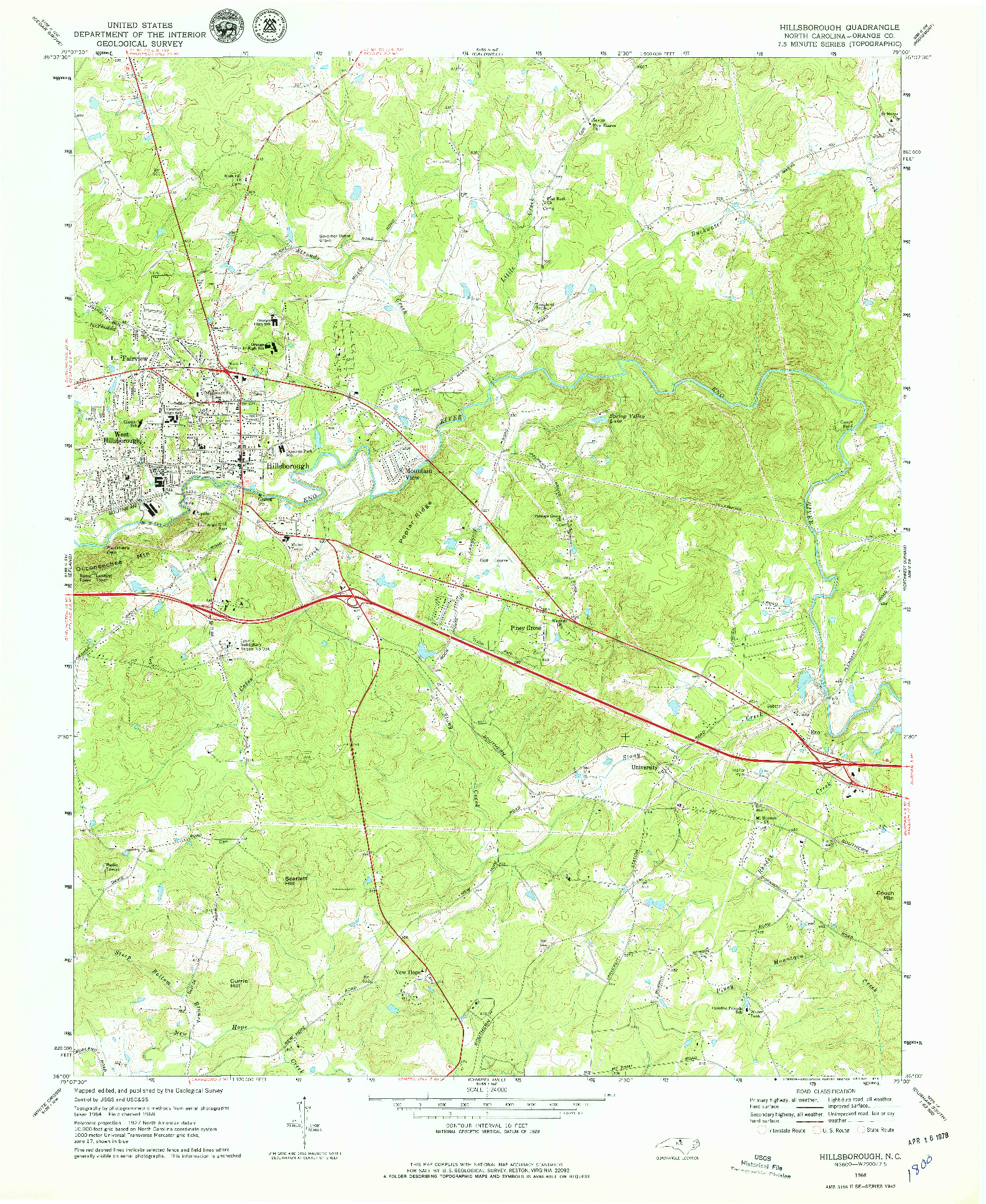 USGS 1:24000-SCALE QUADRANGLE FOR HILLSBOROUGH, NC 1968