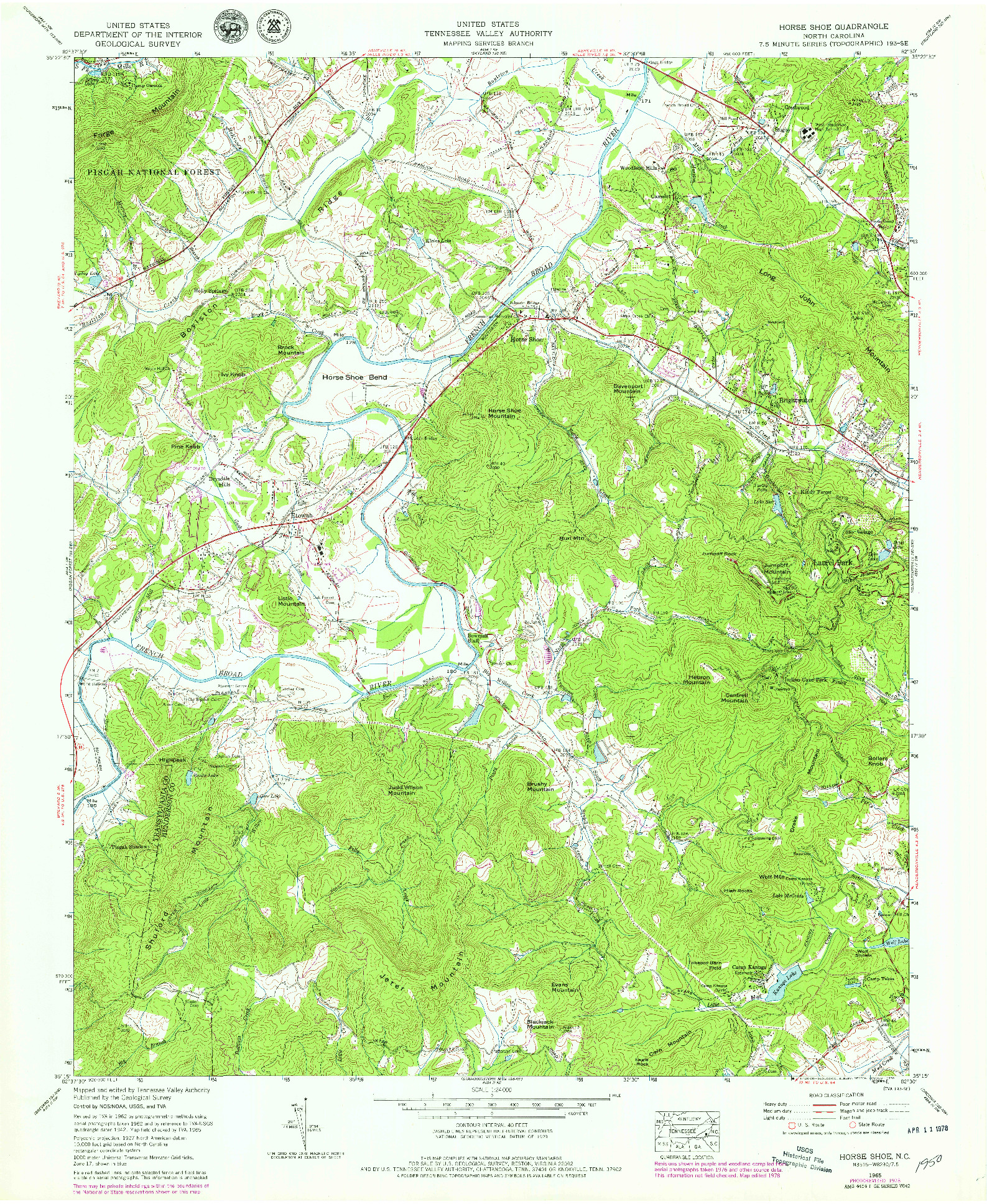 USGS 1:24000-SCALE QUADRANGLE FOR HORSE SHOE, NC 1965