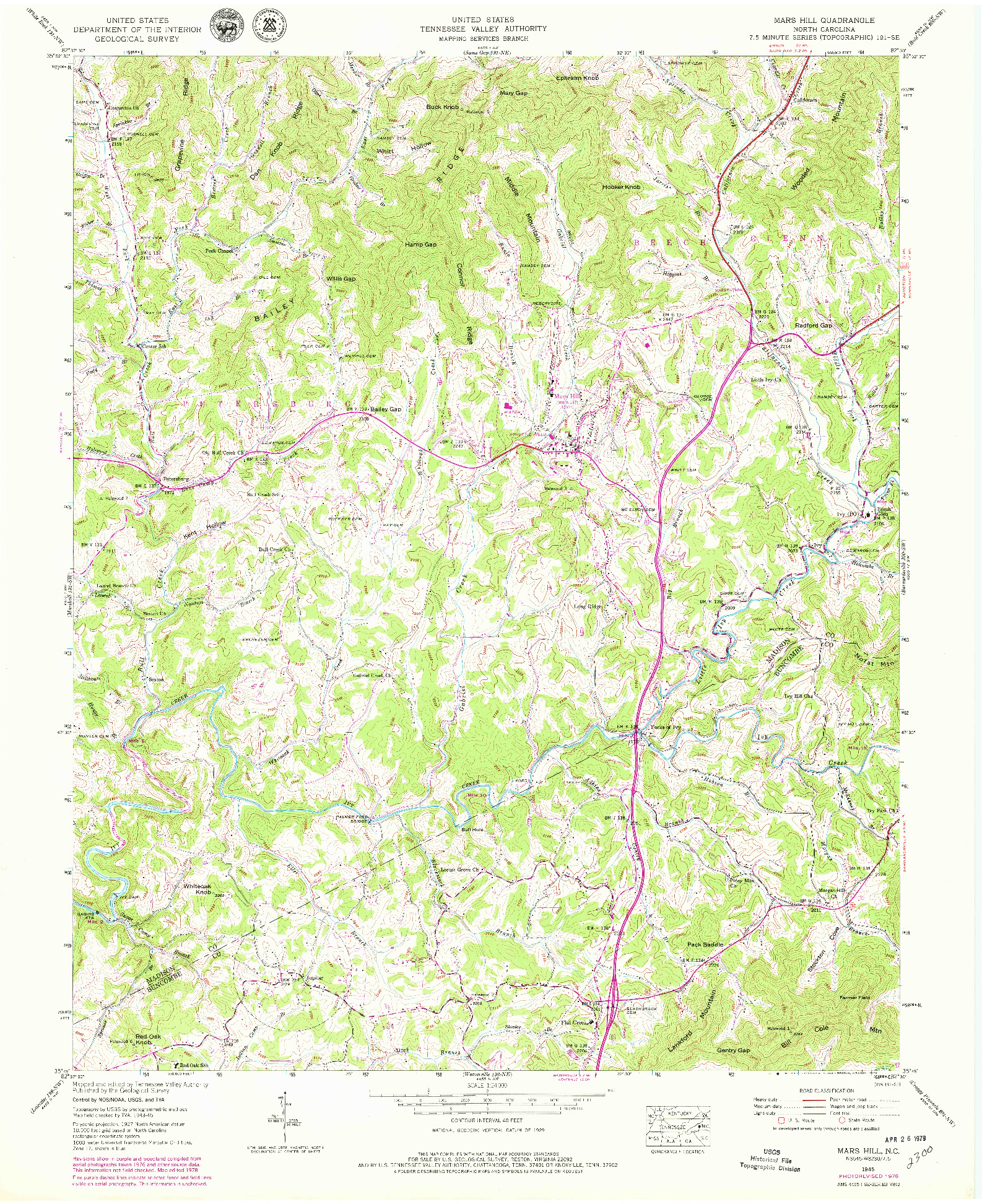 USGS 1:24000-SCALE QUADRANGLE FOR MARS HILL, NC 1945