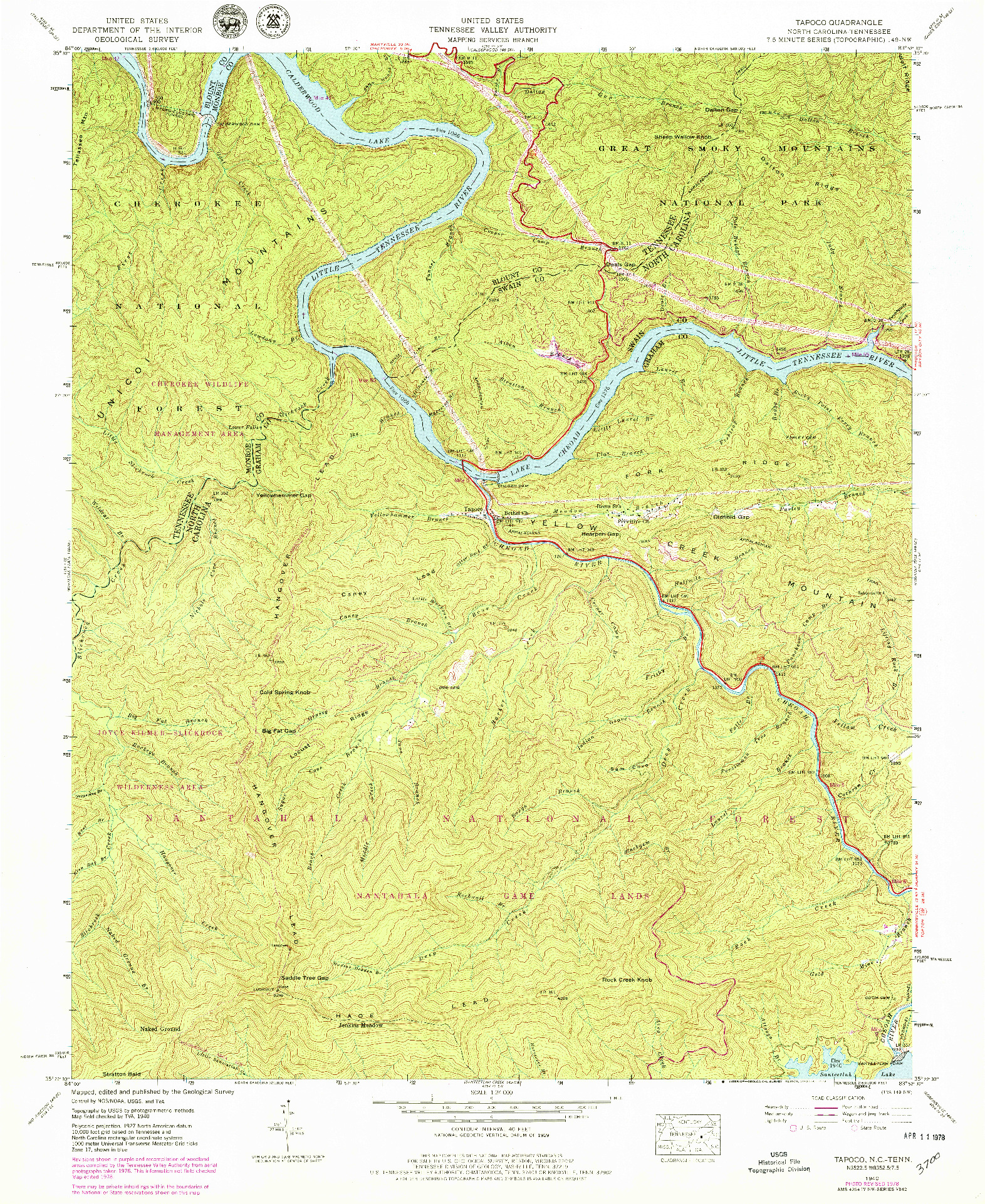 USGS 1:24000-SCALE QUADRANGLE FOR TAPOCO, NC 1940