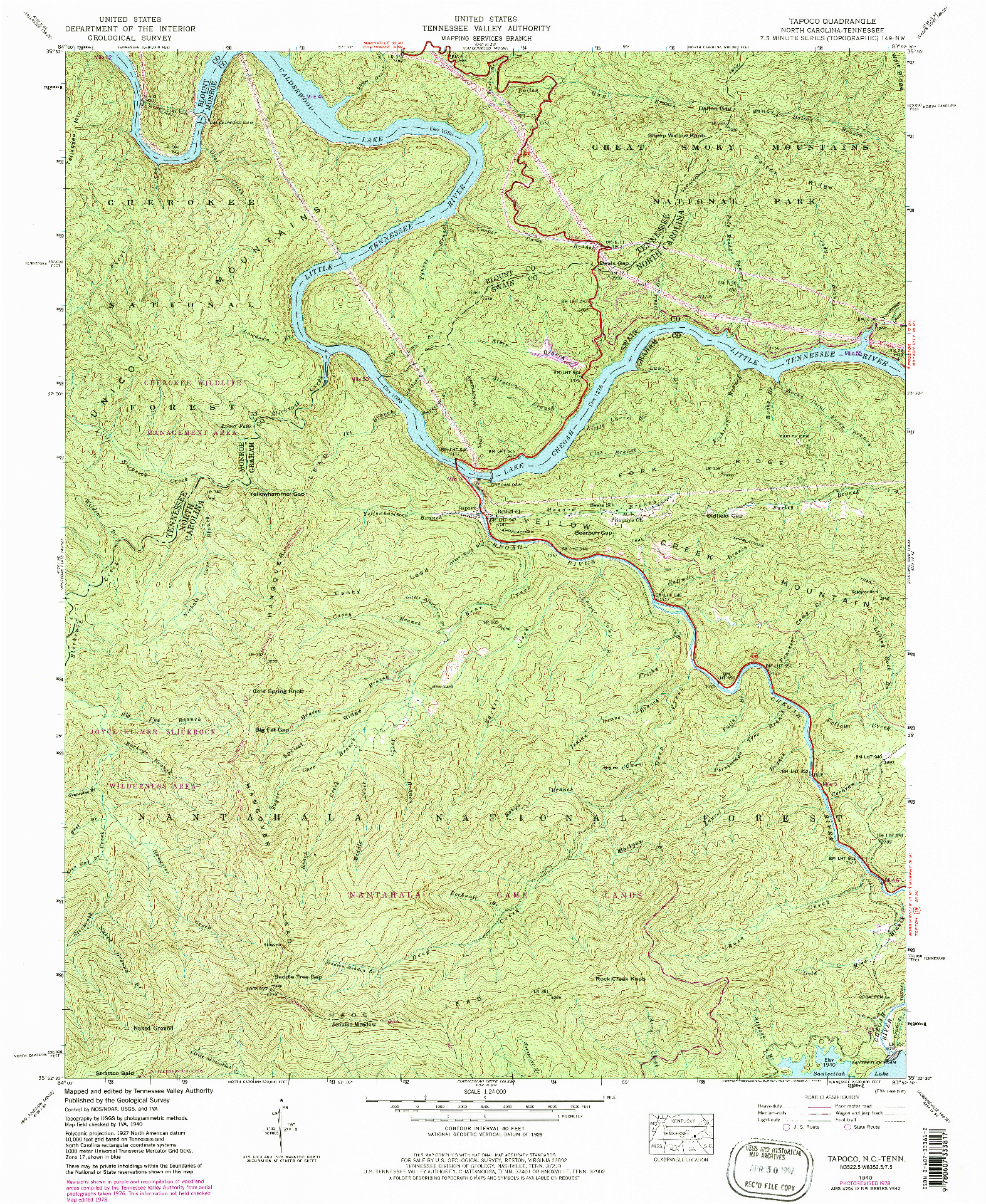 USGS 1:24000-SCALE QUADRANGLE FOR TAPOCO, NC 1940