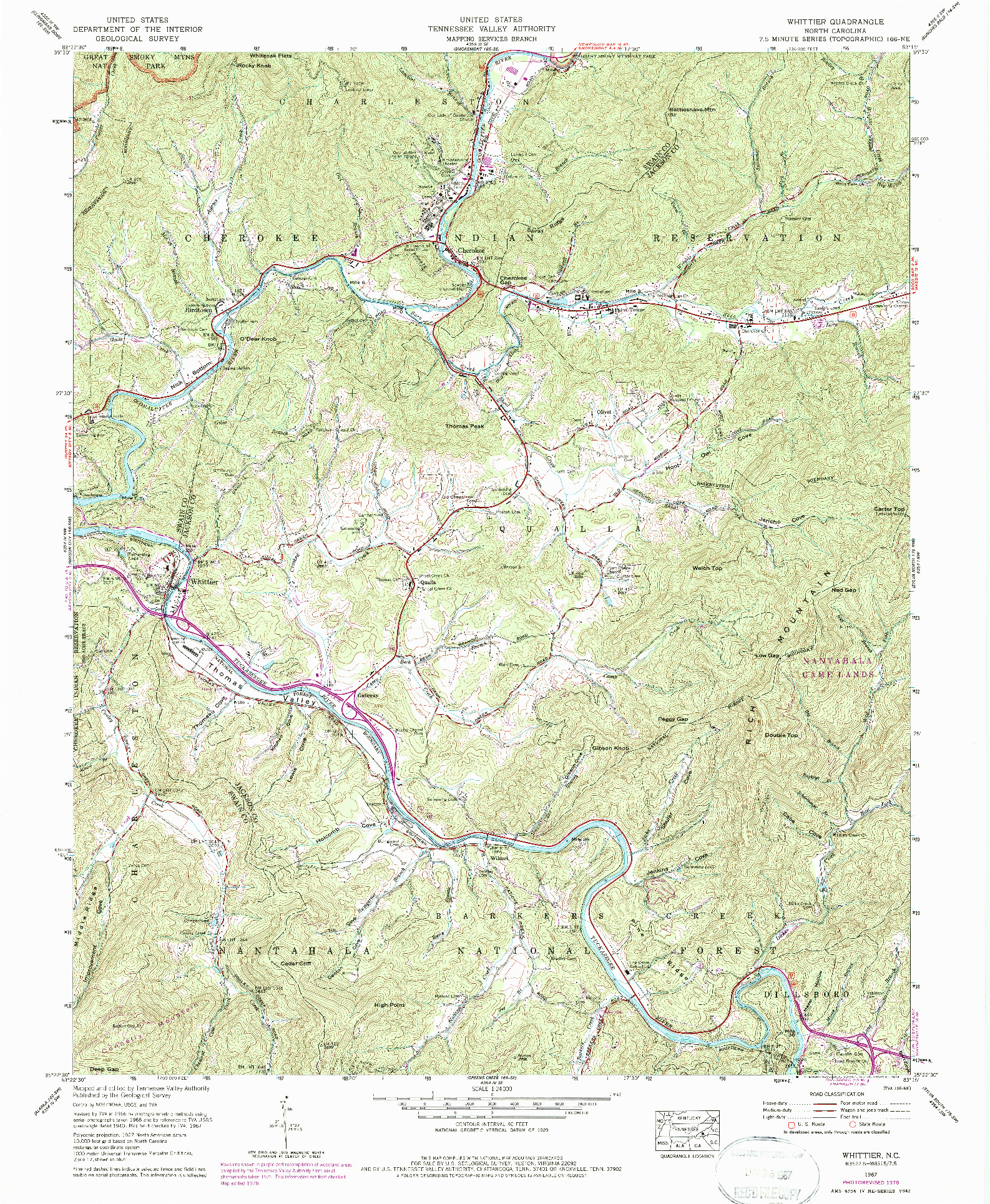 USGS 1:24000-SCALE QUADRANGLE FOR WHITTIER, NC 1967