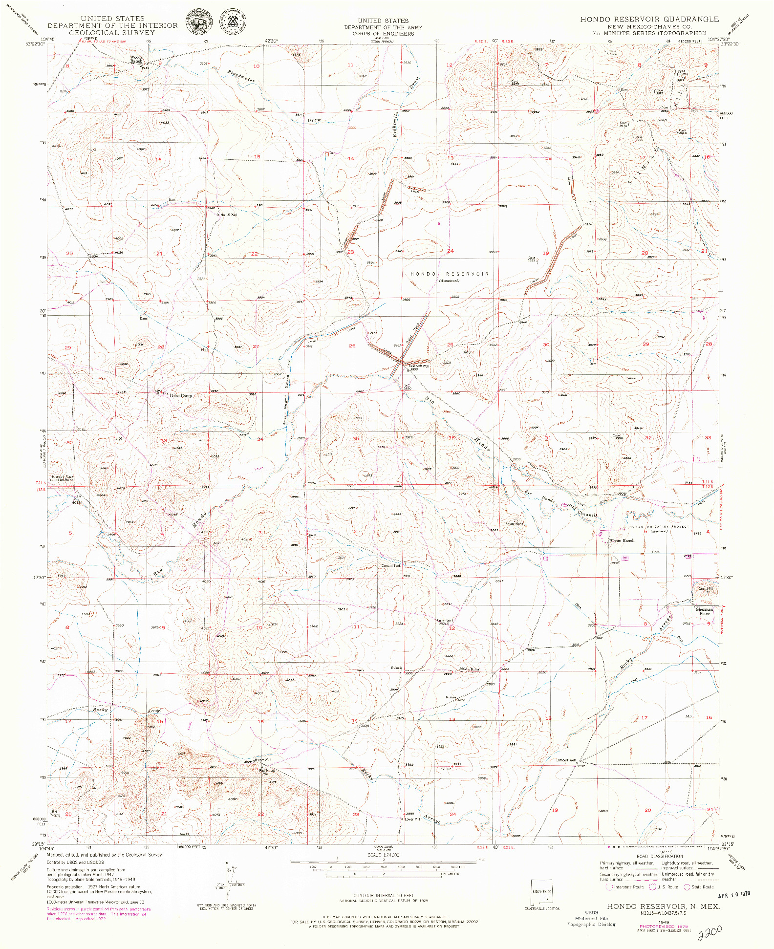 USGS 1:24000-SCALE QUADRANGLE FOR HONDO RESERVOIR, NM 1949