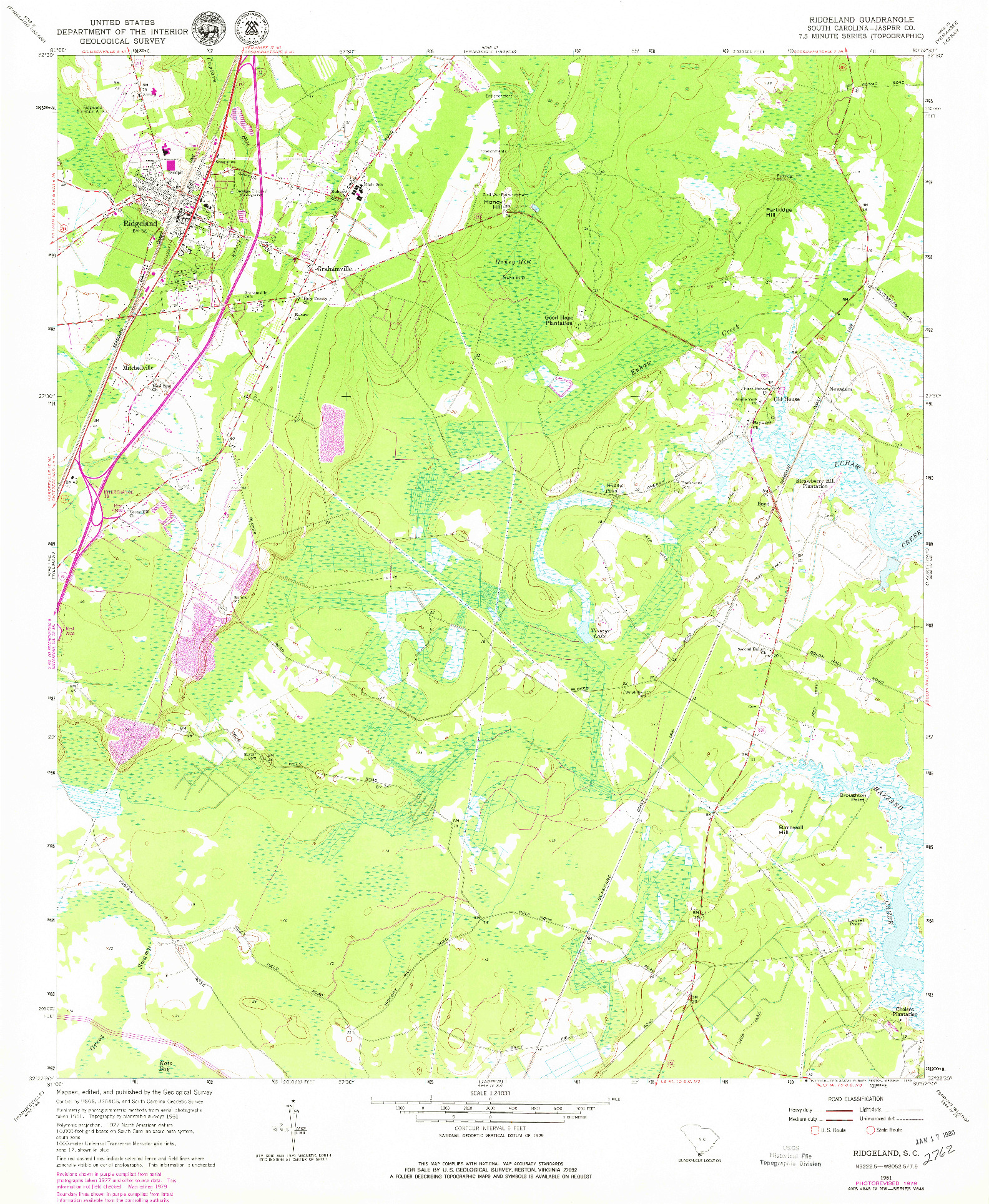 USGS 1:24000-SCALE QUADRANGLE FOR RIDGELAND, SC 1961