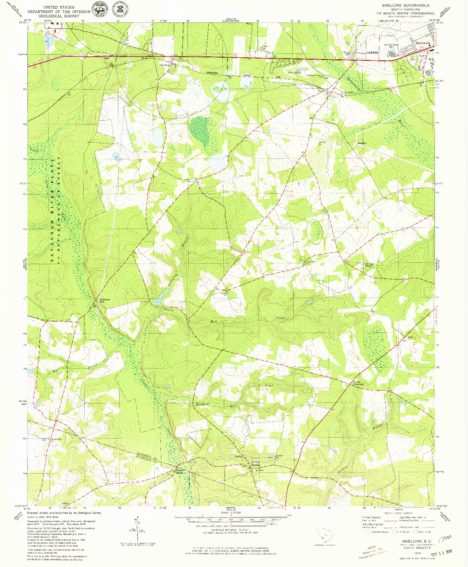 USGS 1:24000-SCALE QUADRANGLE FOR SNELLING, SC 1979