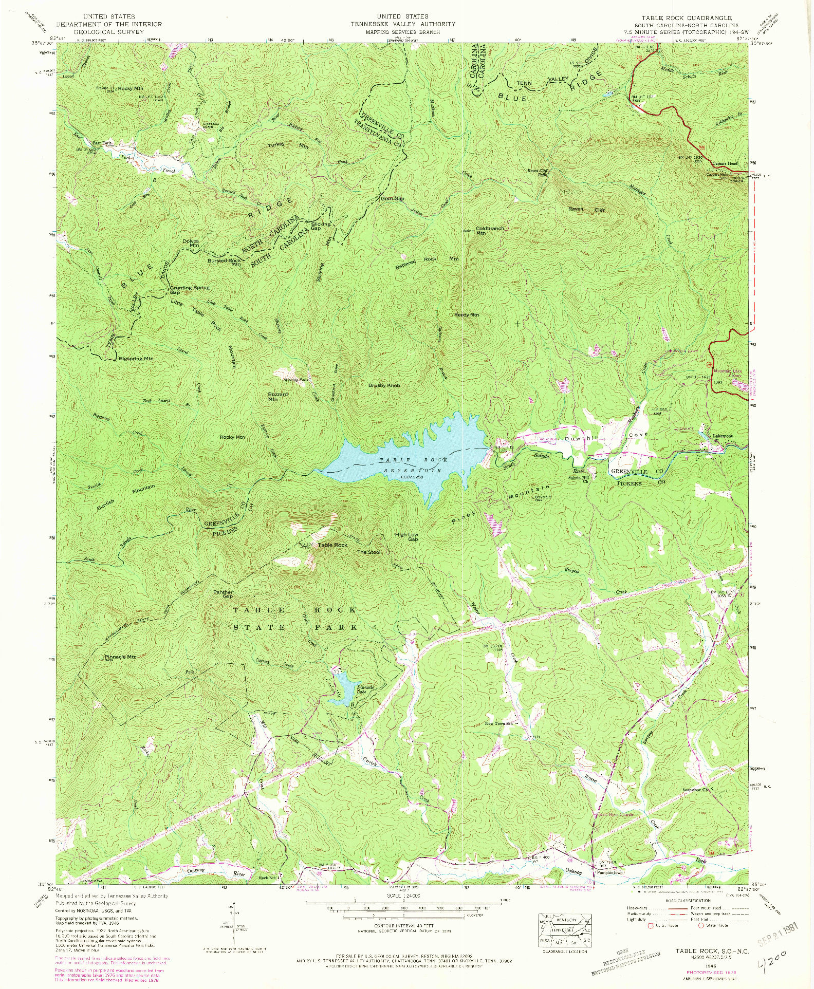 USGS 1:24000-SCALE QUADRANGLE FOR TABLE ROCK, SC 1946