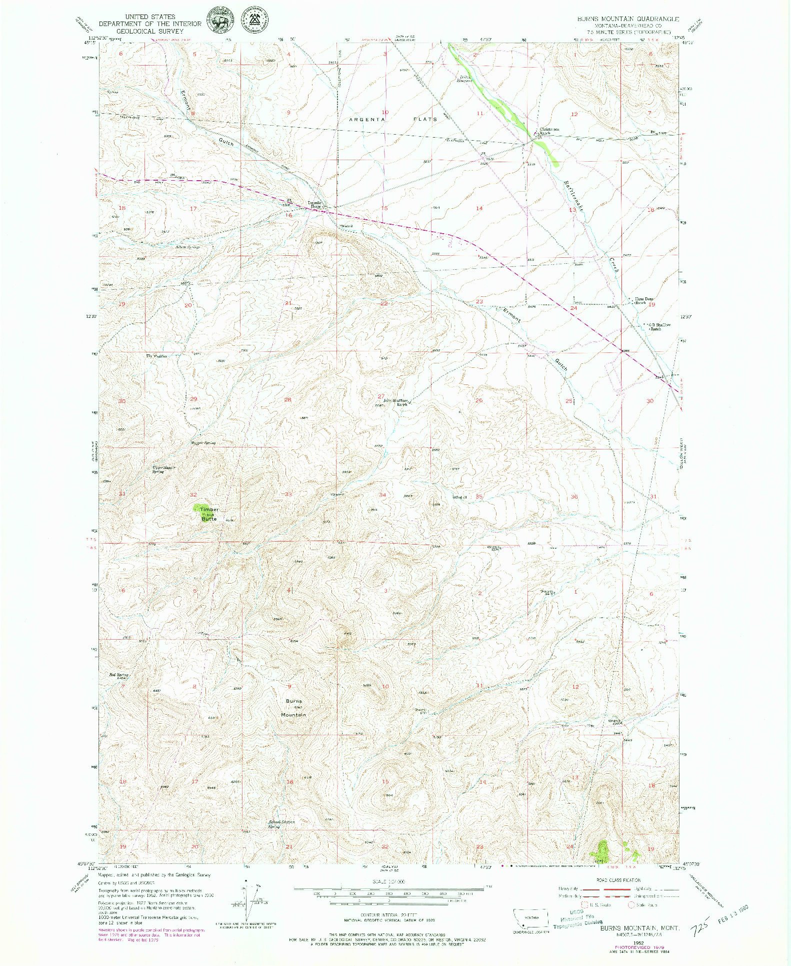 USGS 1:24000-SCALE QUADRANGLE FOR BURNS MOUNTAIN, MT 1952