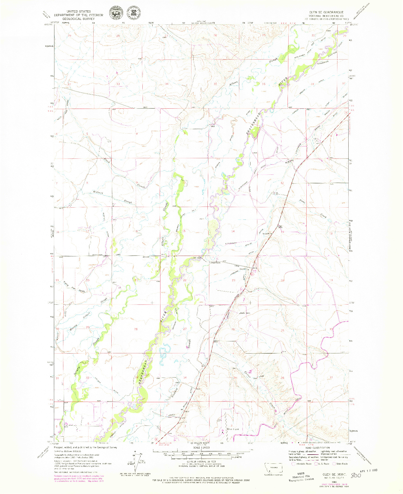 USGS 1:24000-SCALE QUADRANGLE FOR GLEN SE, MT 1961