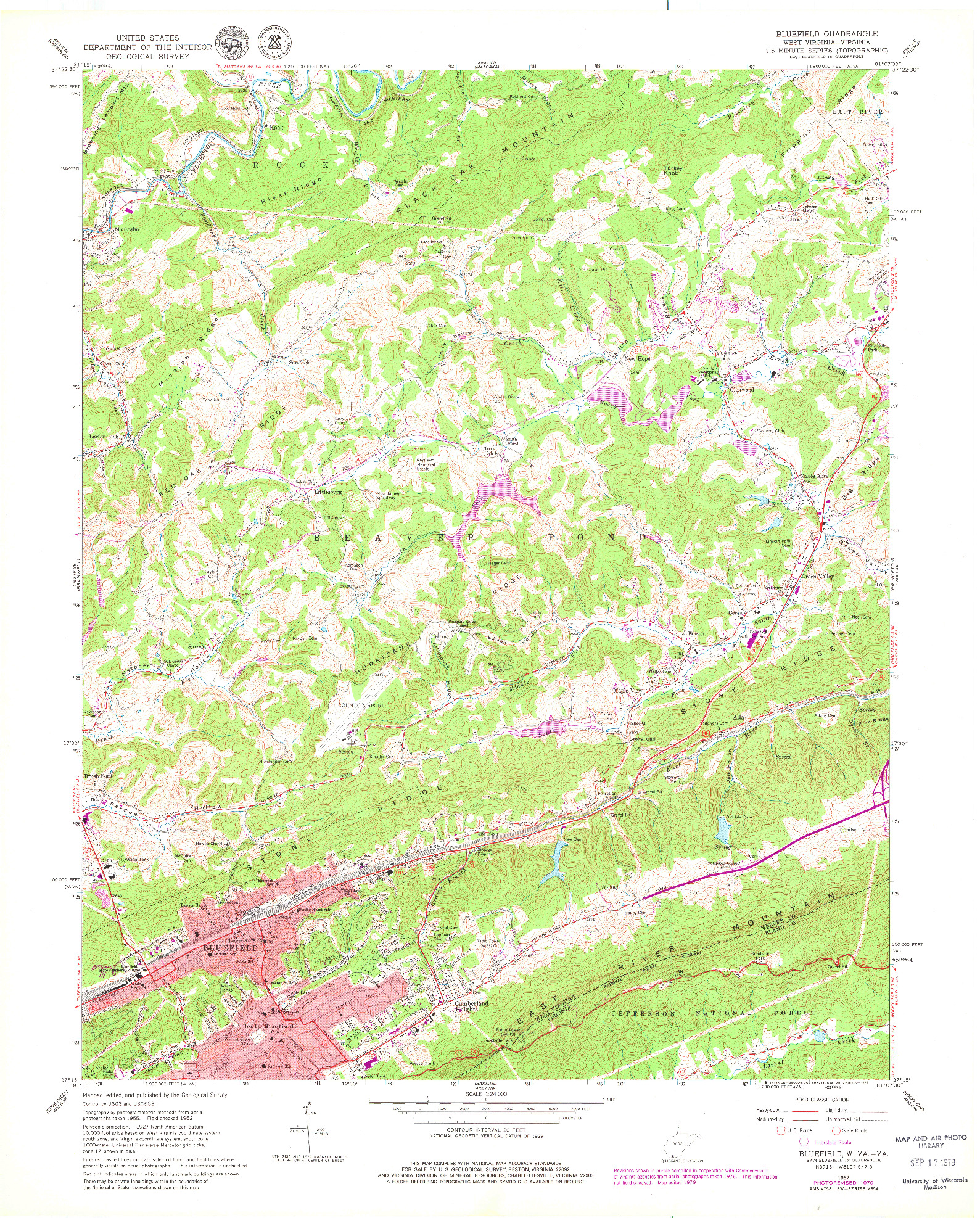 USGS 1:24000-SCALE QUADRANGLE FOR BLUEFIELD, WV 1962