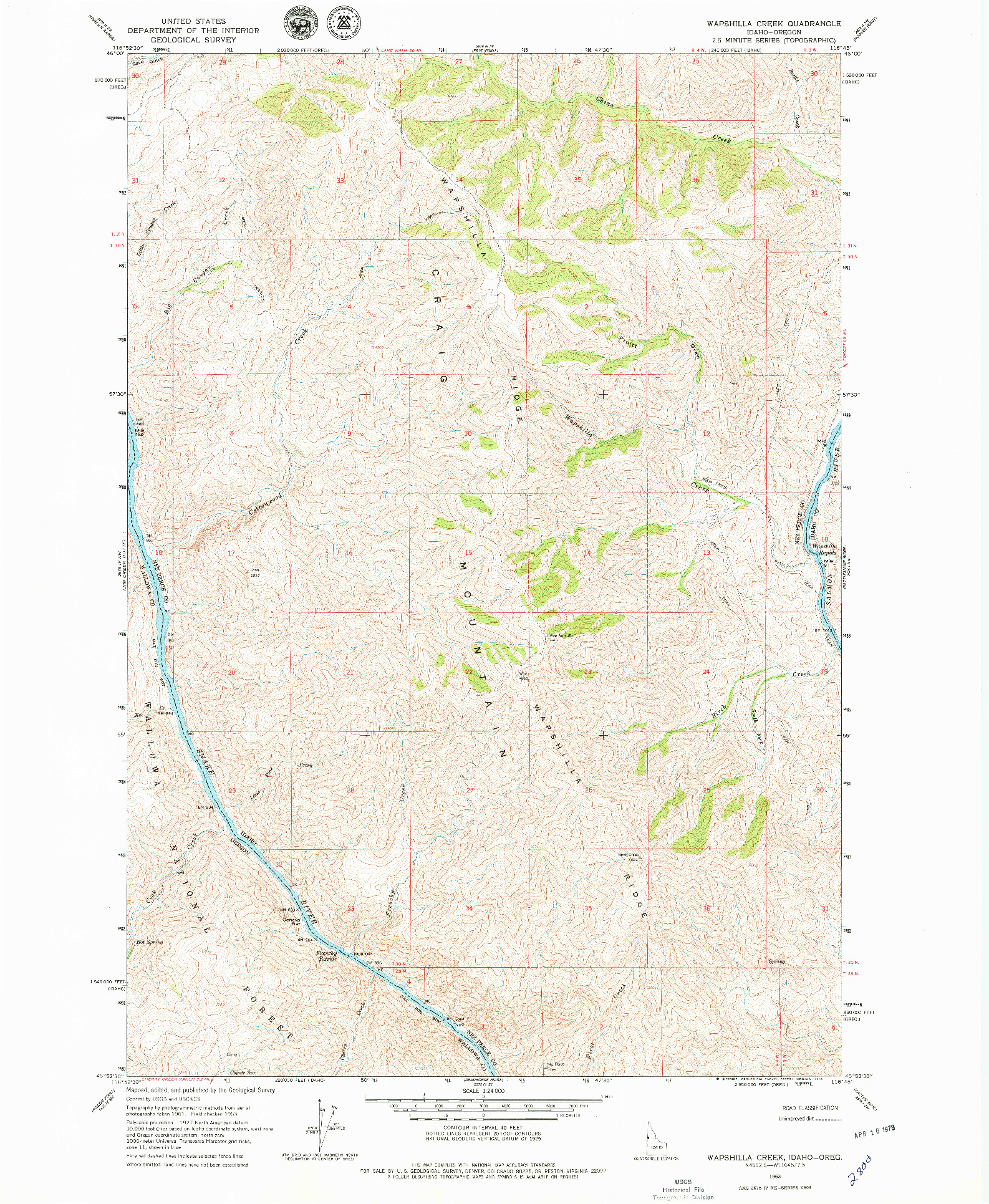 USGS 1:24000-SCALE QUADRANGLE FOR WAPSHILLA CREEK, ID 1963