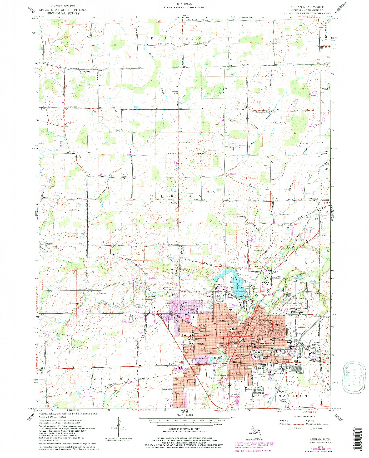 USGS 1:24000-SCALE QUADRANGLE FOR ADRIAN, MI 1962