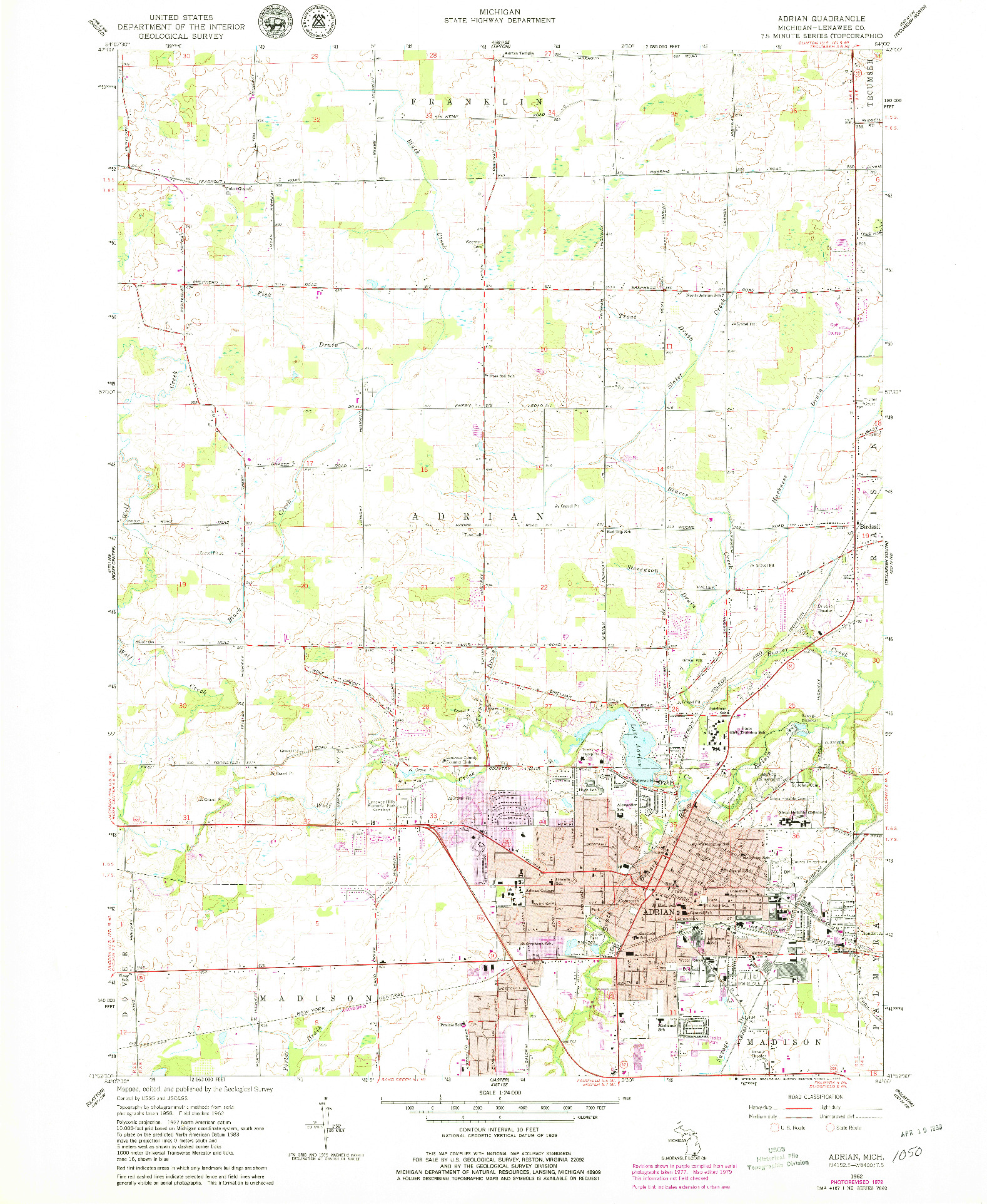 USGS 1:24000-SCALE QUADRANGLE FOR ADRIAN, MI 1962