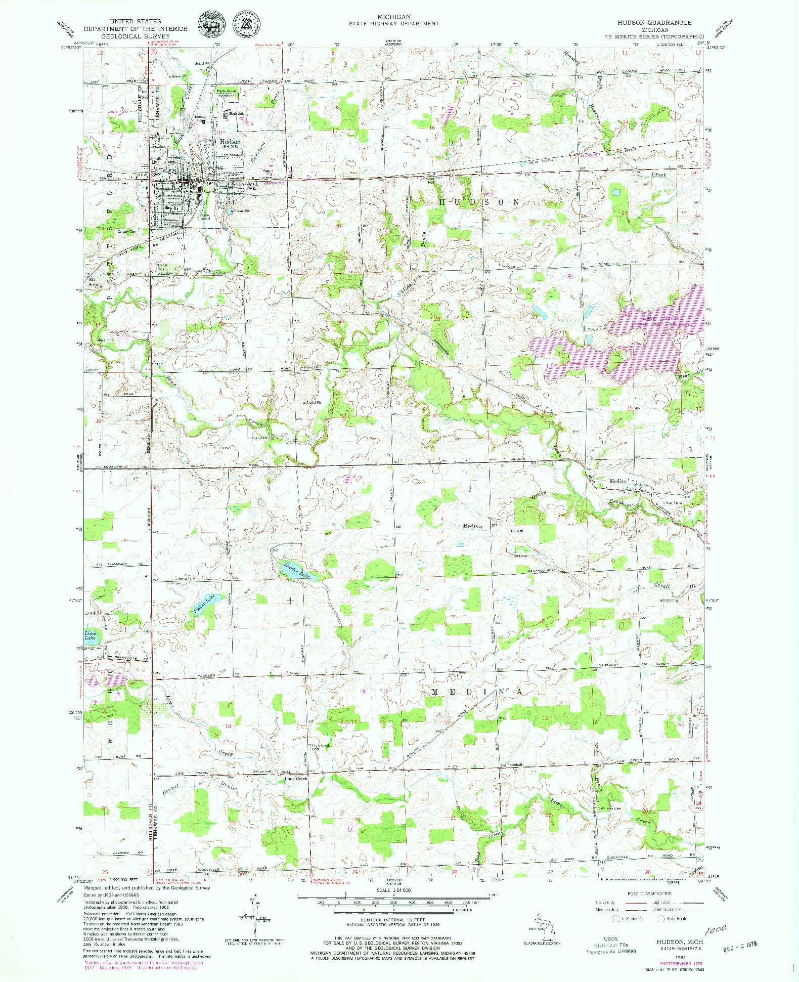 USGS 1:24000-SCALE QUADRANGLE FOR HUDSON, MI 1962