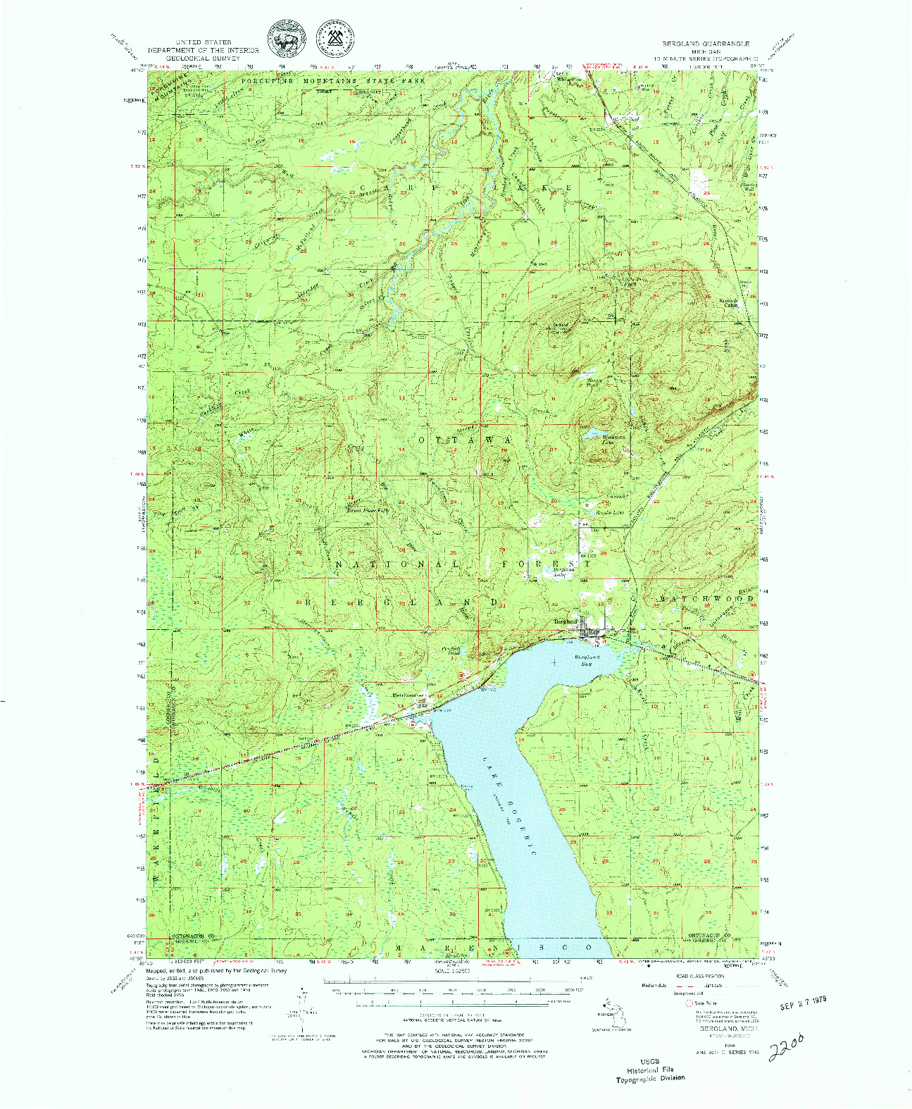 USGS 1:62500-SCALE QUADRANGLE FOR BERGLAND, MI 1956