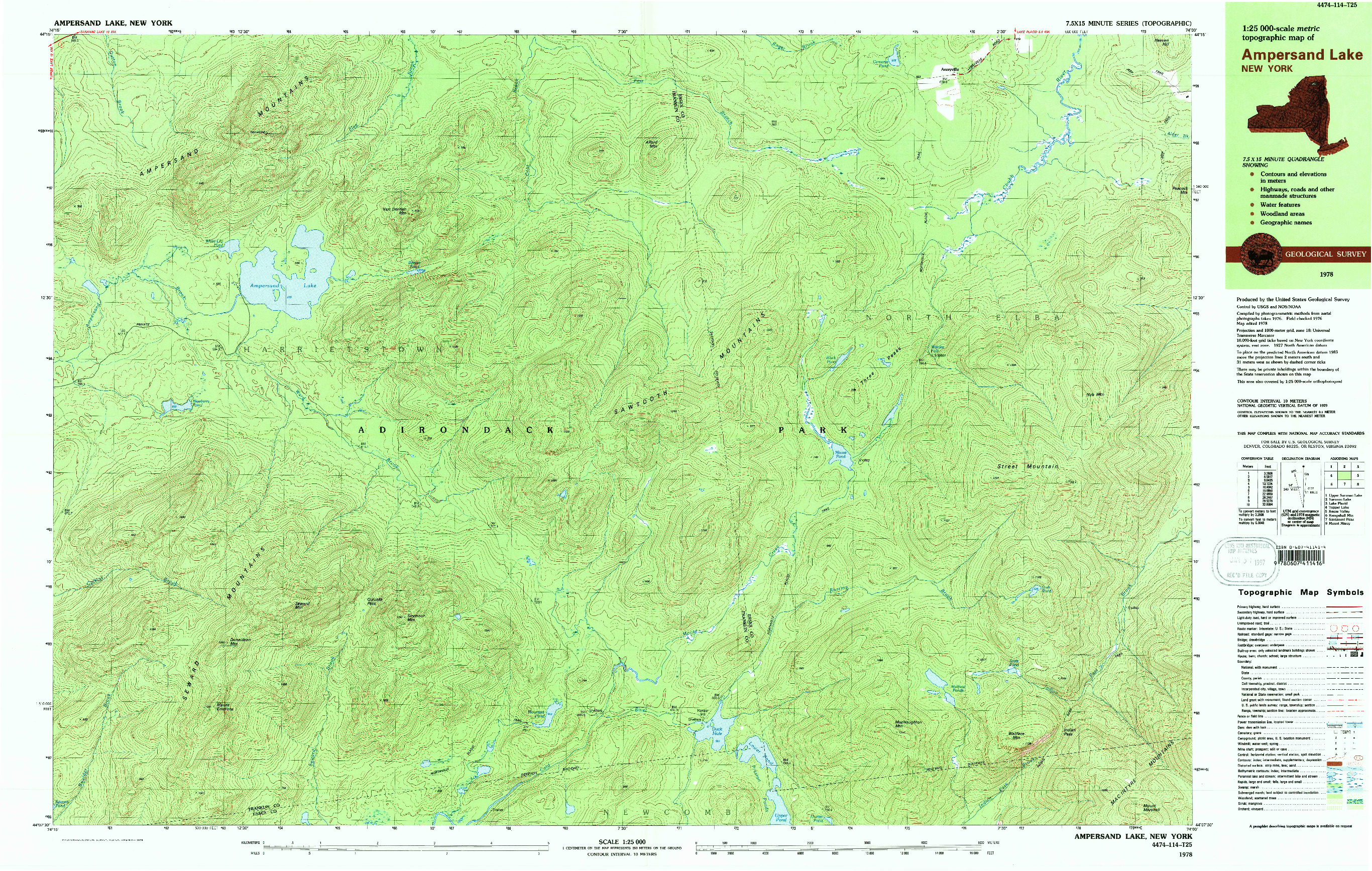 USGS 1:25000-SCALE QUADRANGLE FOR AMPERSAND LAKE, NY 1978