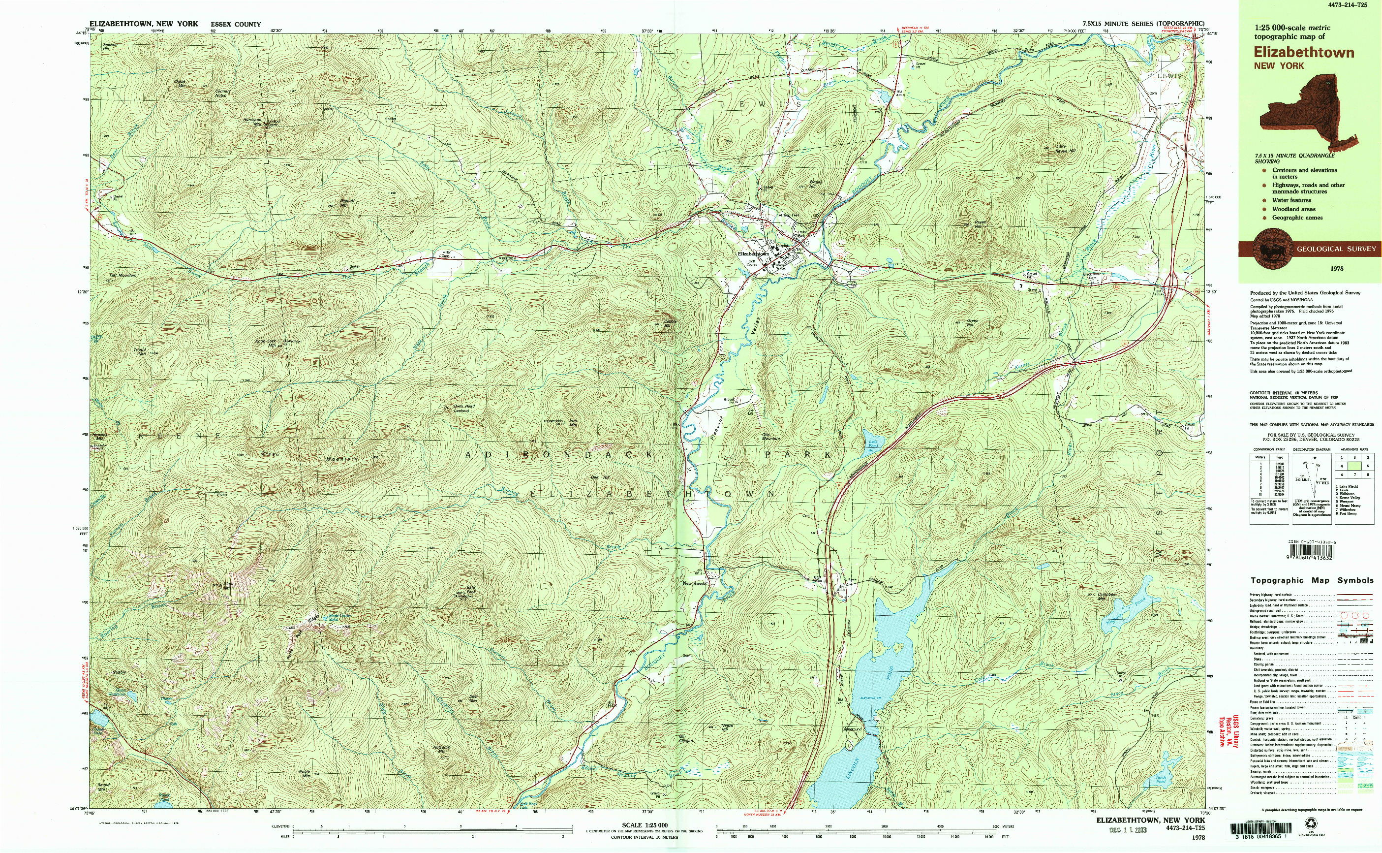 USGS 1:25000-SCALE QUADRANGLE FOR ELIZABETHTOWN, NY 1978