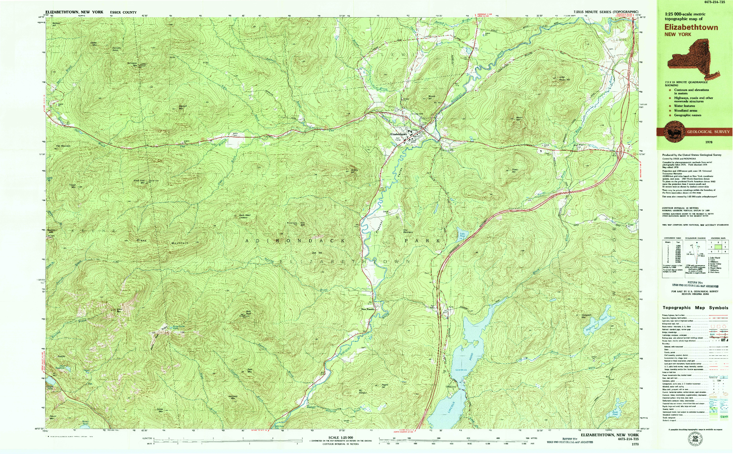 USGS 1:25000-SCALE QUADRANGLE FOR ELIZABETHTOWN, NY 1978