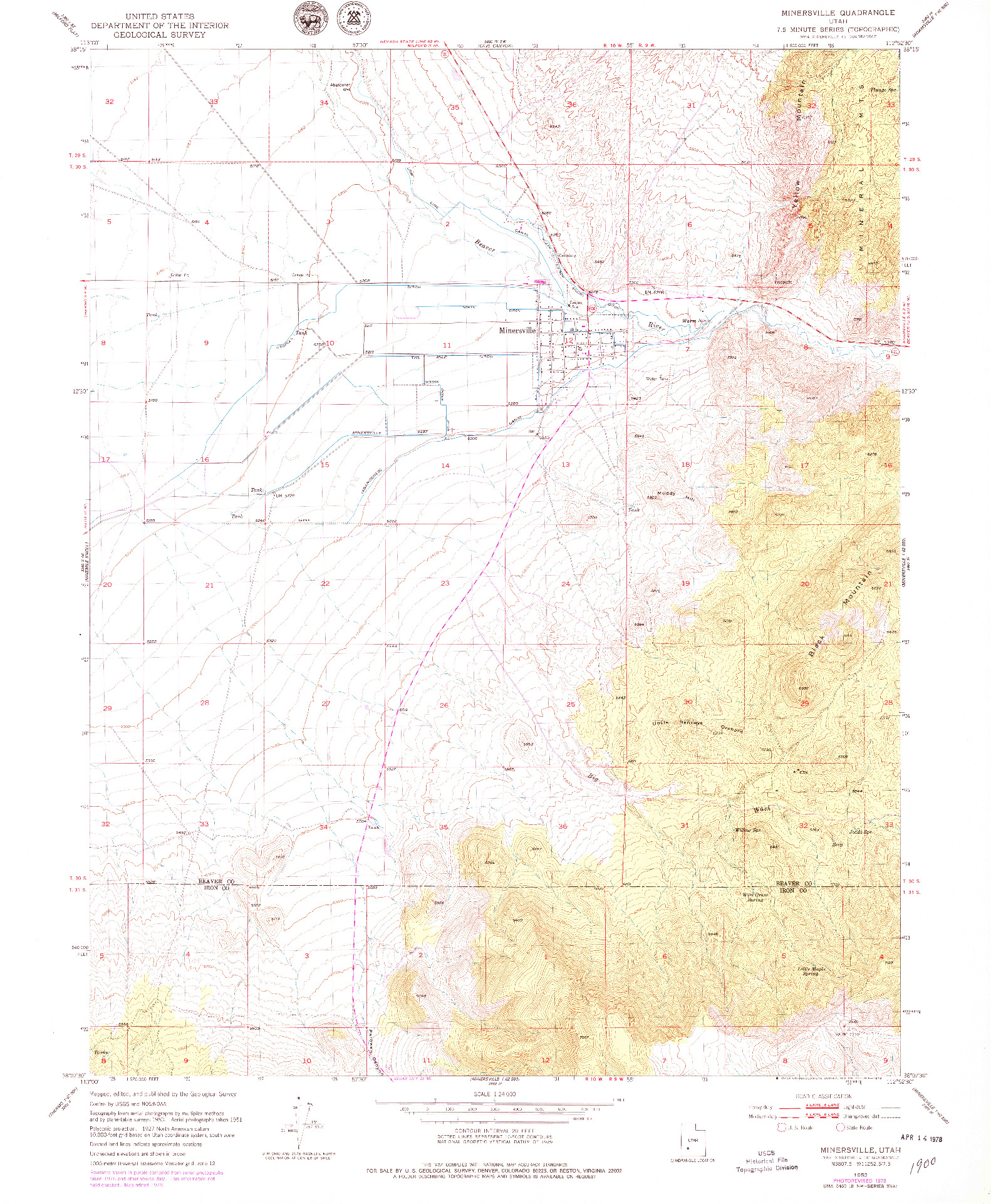 USGS 1:24000-SCALE QUADRANGLE FOR MINERSVILLE, UT 1953