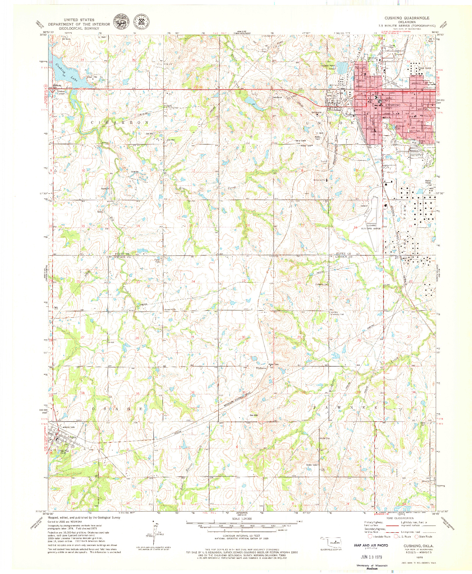 USGS 1:24000-SCALE QUADRANGLE FOR CUSHING, OK 1975