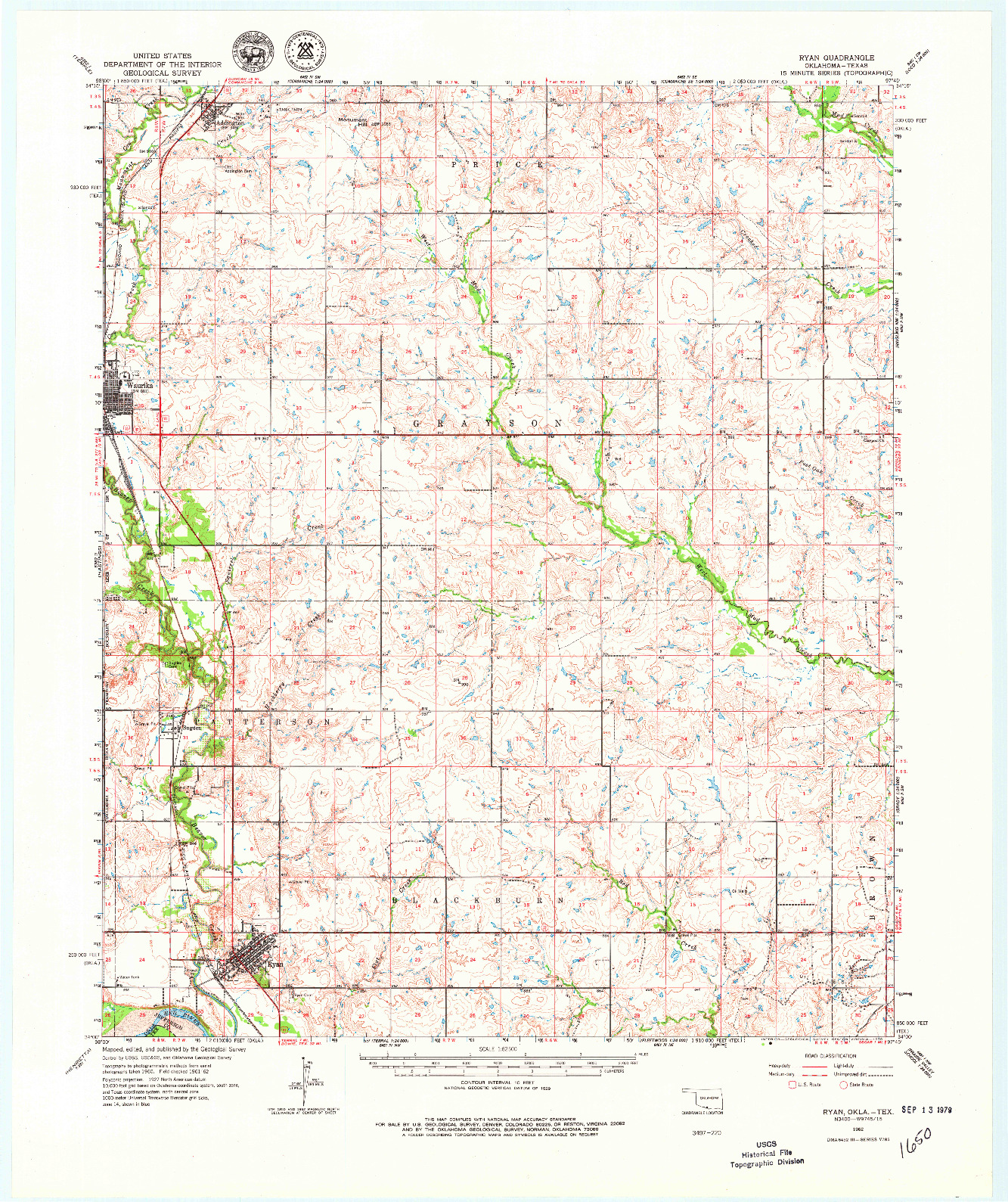 USGS 1:62500-SCALE QUADRANGLE FOR RYAN, OK 1962