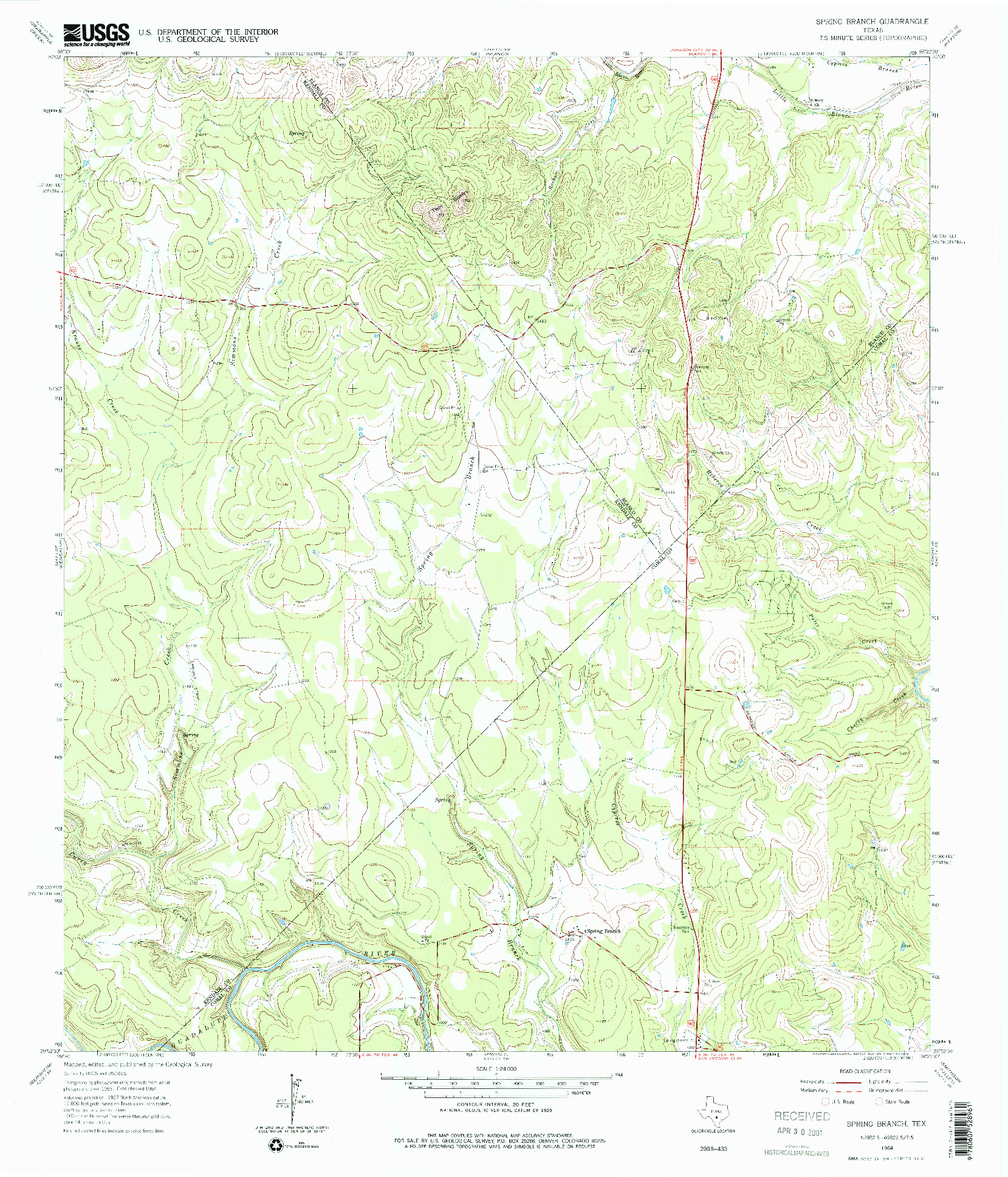 USGS 1:24000-SCALE QUADRANGLE FOR SPRING BRANCH, TX 1964