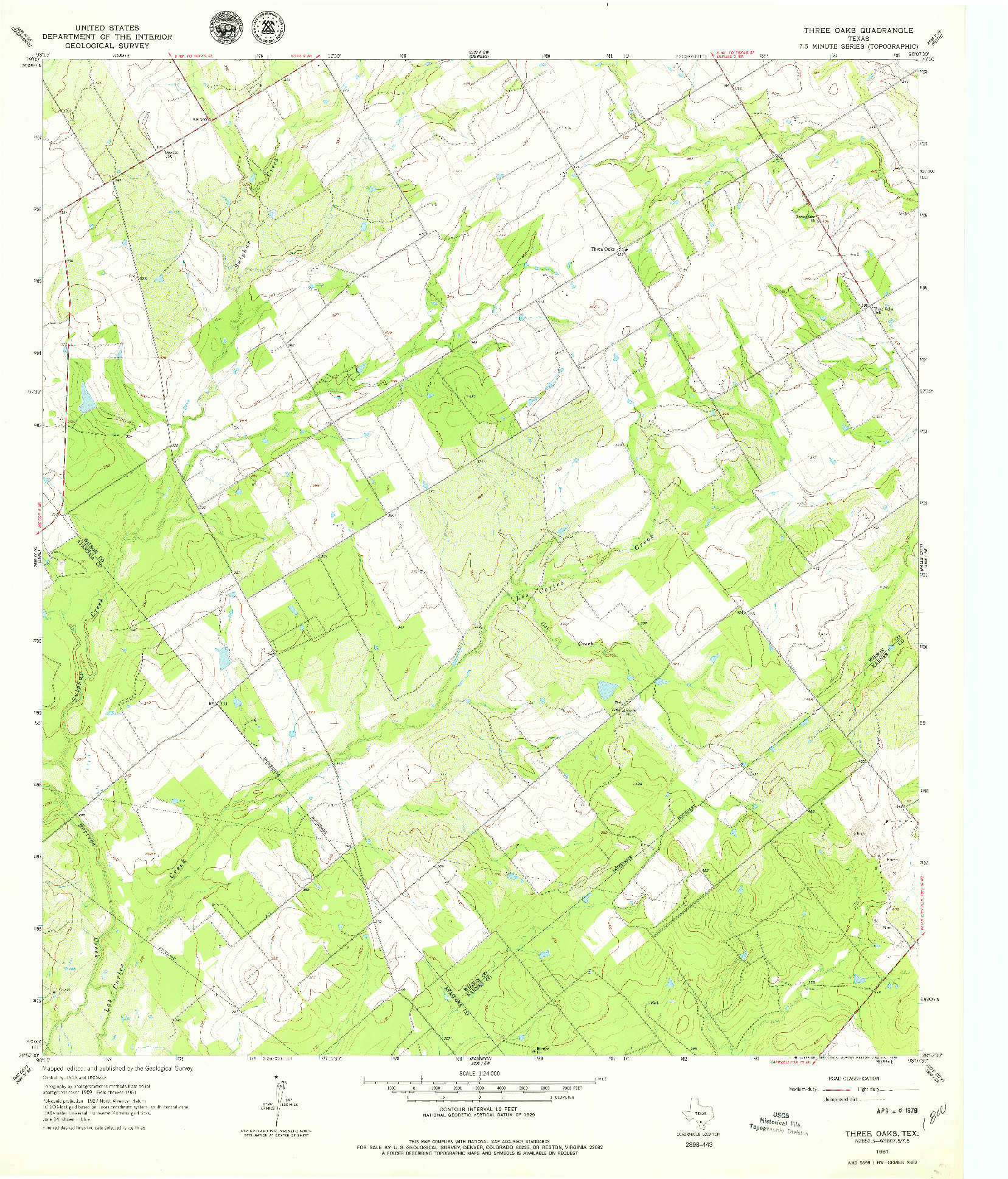 USGS 1:24000-SCALE QUADRANGLE FOR THREE OAKS, TX 1961