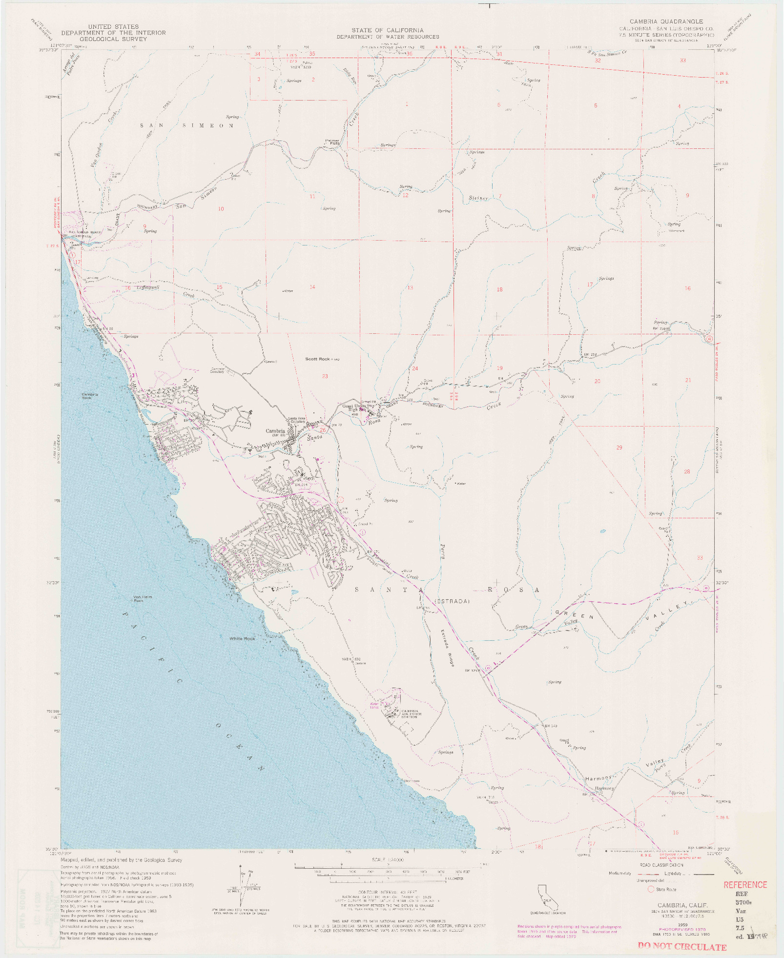 USGS 1:24000-SCALE QUADRANGLE FOR CAMBRIA, CA 1959