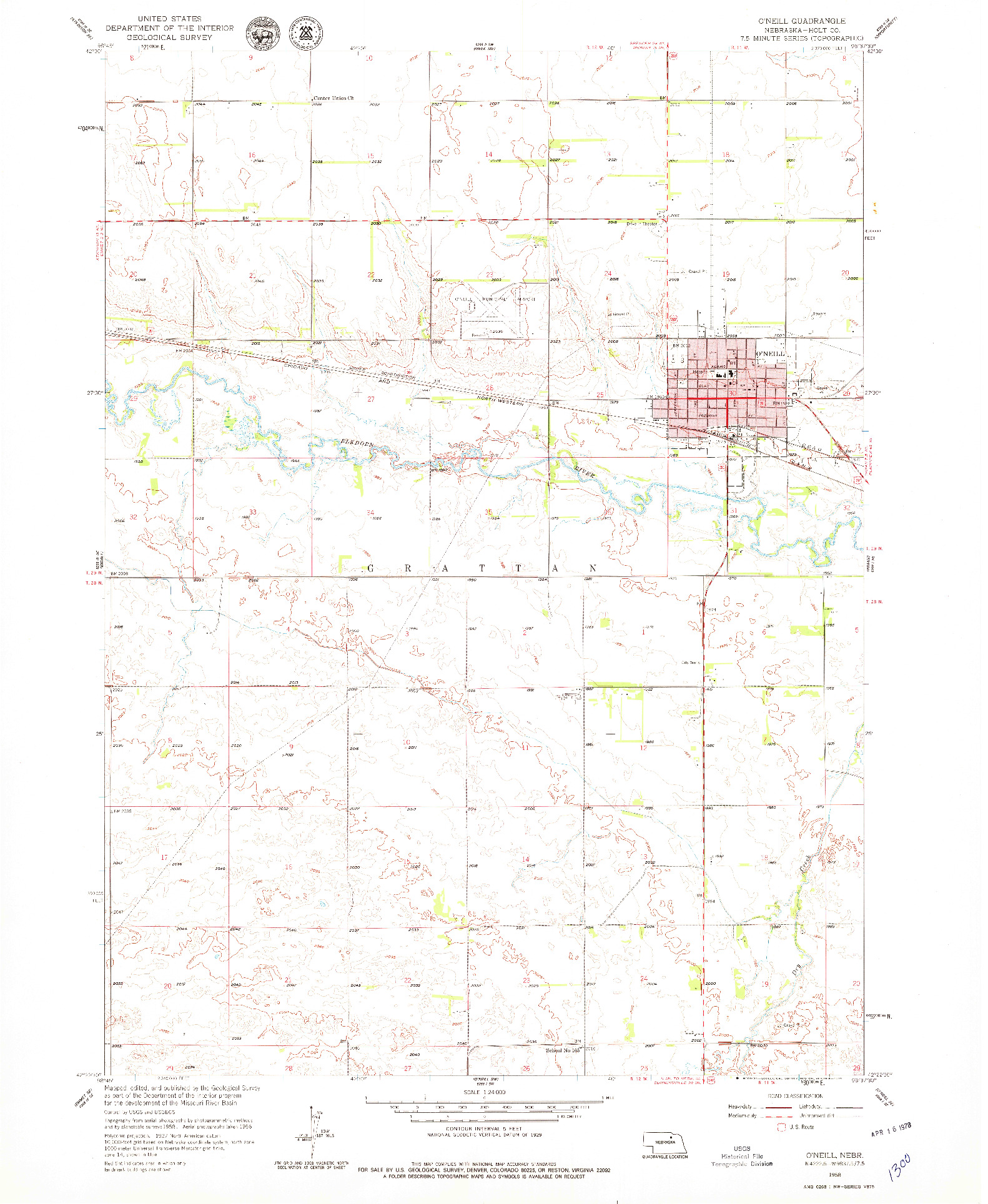 USGS 1:24000-SCALE QUADRANGLE FOR O'NEILL, NE 1958