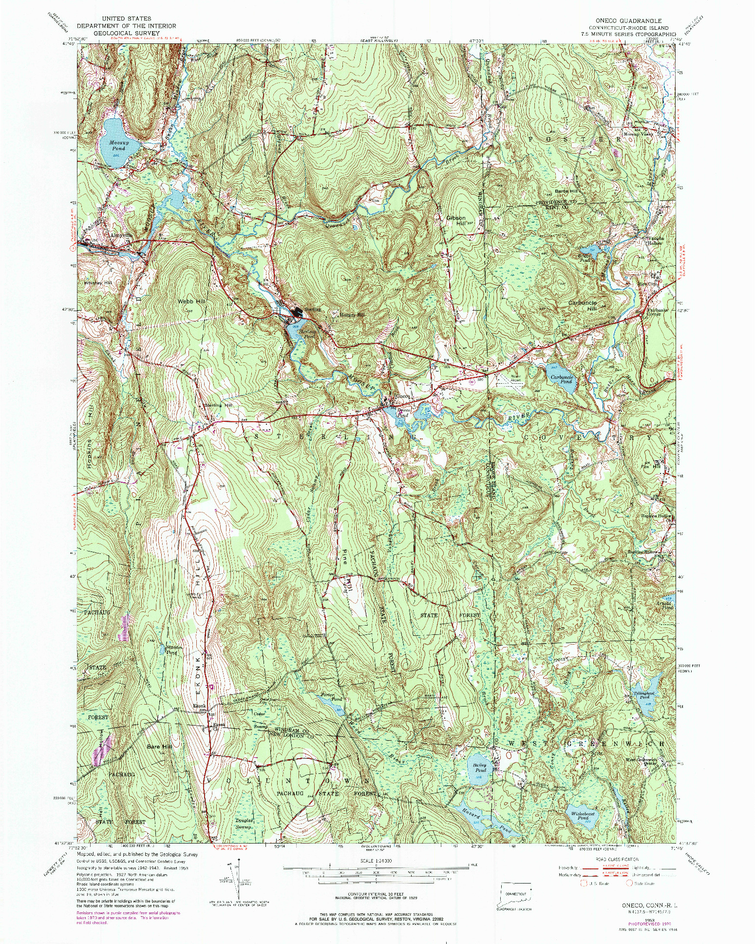 USGS 1:24000-SCALE QUADRANGLE FOR ONECO, CT 1953