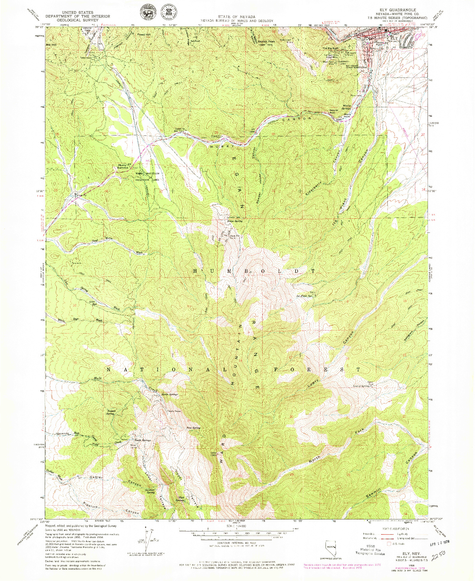 USGS 1:24000-SCALE QUADRANGLE FOR ELY, NV 1958