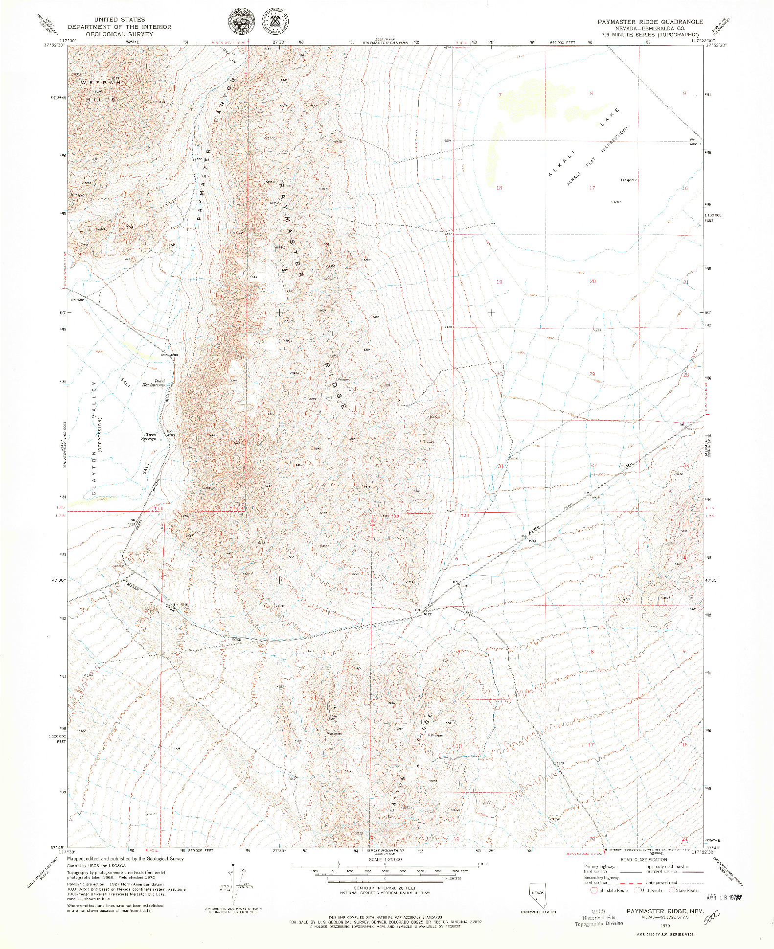 USGS 1:24000-SCALE QUADRANGLE FOR PAYMASTER RIDGE, NV 1970